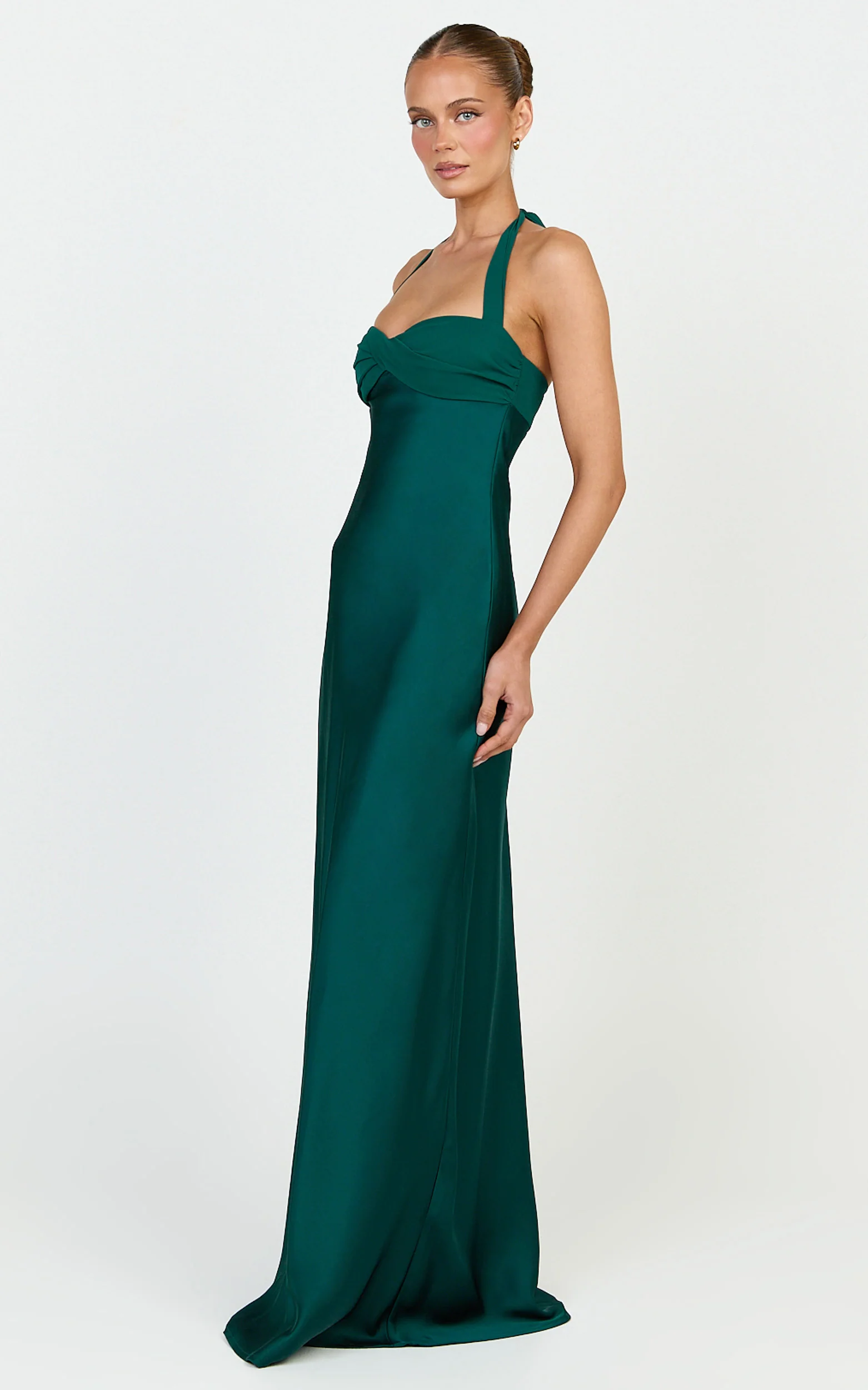 Flynn Maxi Dress - Satin Halter Sweetheart Neck Dress in Emerald