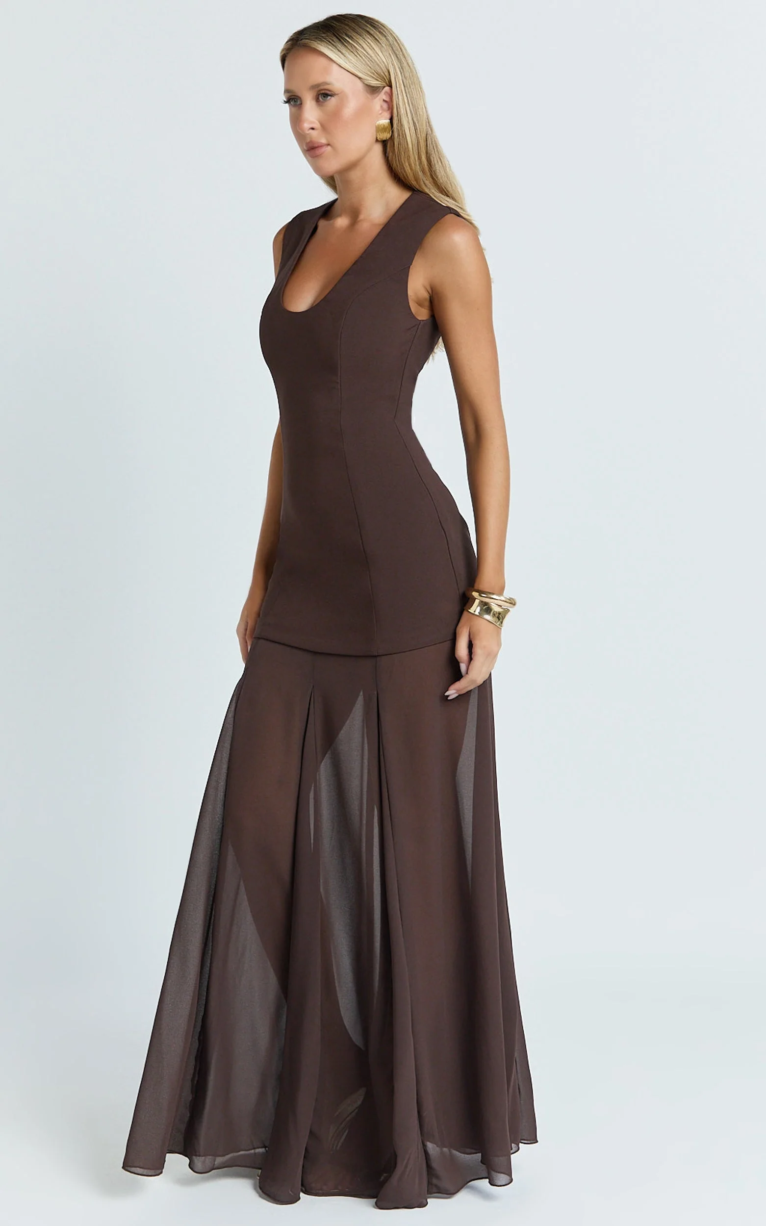 Frances Maxi Dress - Contrast U Neck Godet A Line Dress in Chocolate