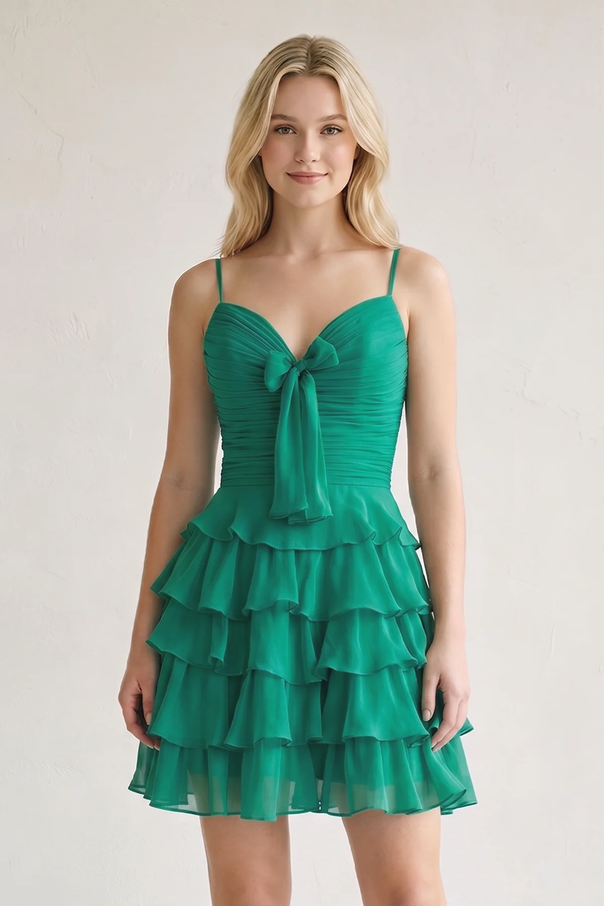 Pink Spaghetti Straps A Line Chiffon Ruffles Homecoming Dresses With Bow