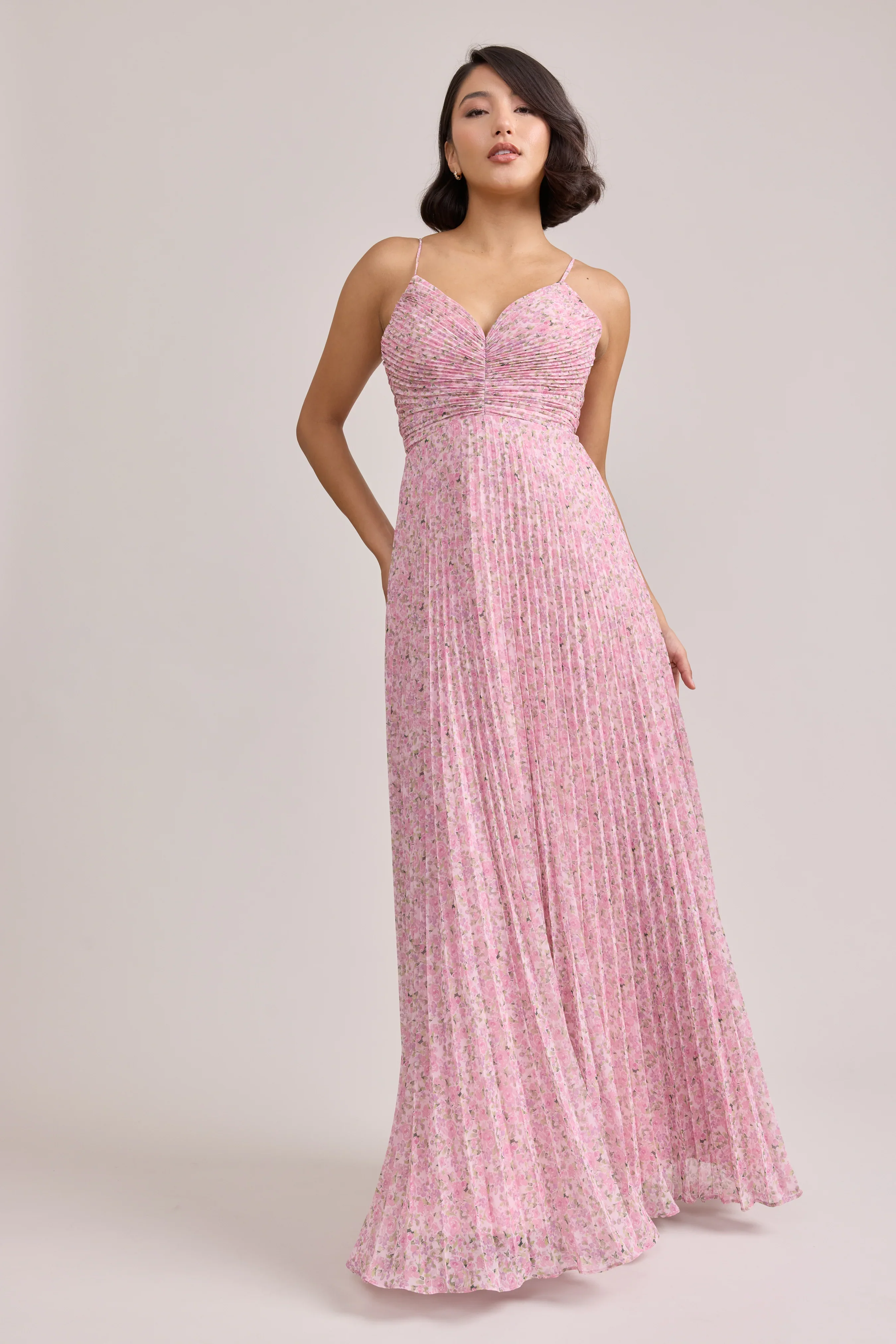 Ellapink Chiffon Pleated Floral Print Dress | Made To Order