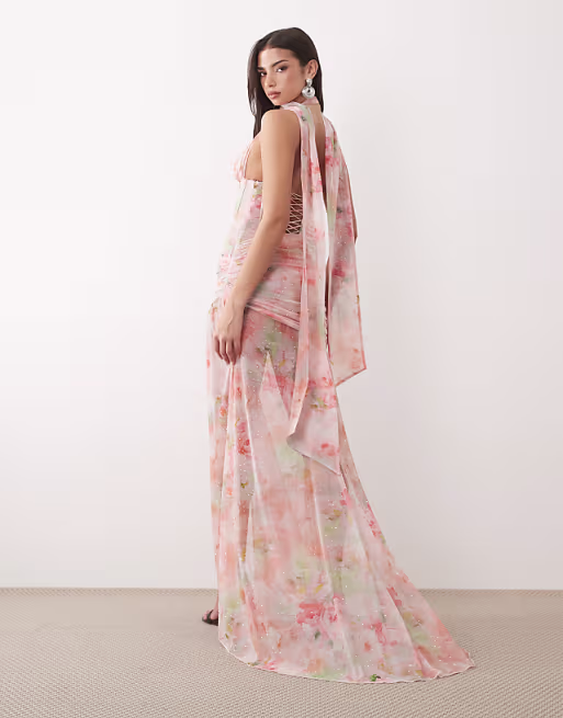 Oh Polly premium embellished scarf and corset detailing maxi dress in pink floral print