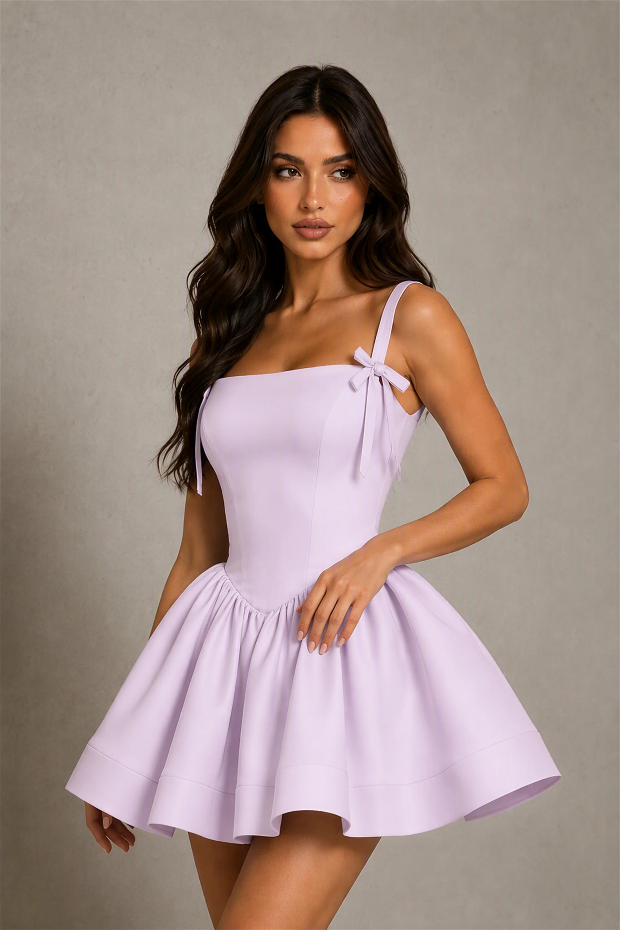 BOLODOO Baby Lilac Satin Square Neck Bow Strap Lace-Up Back Bubble Mini Dress | Cocktail Party Date Night Dress