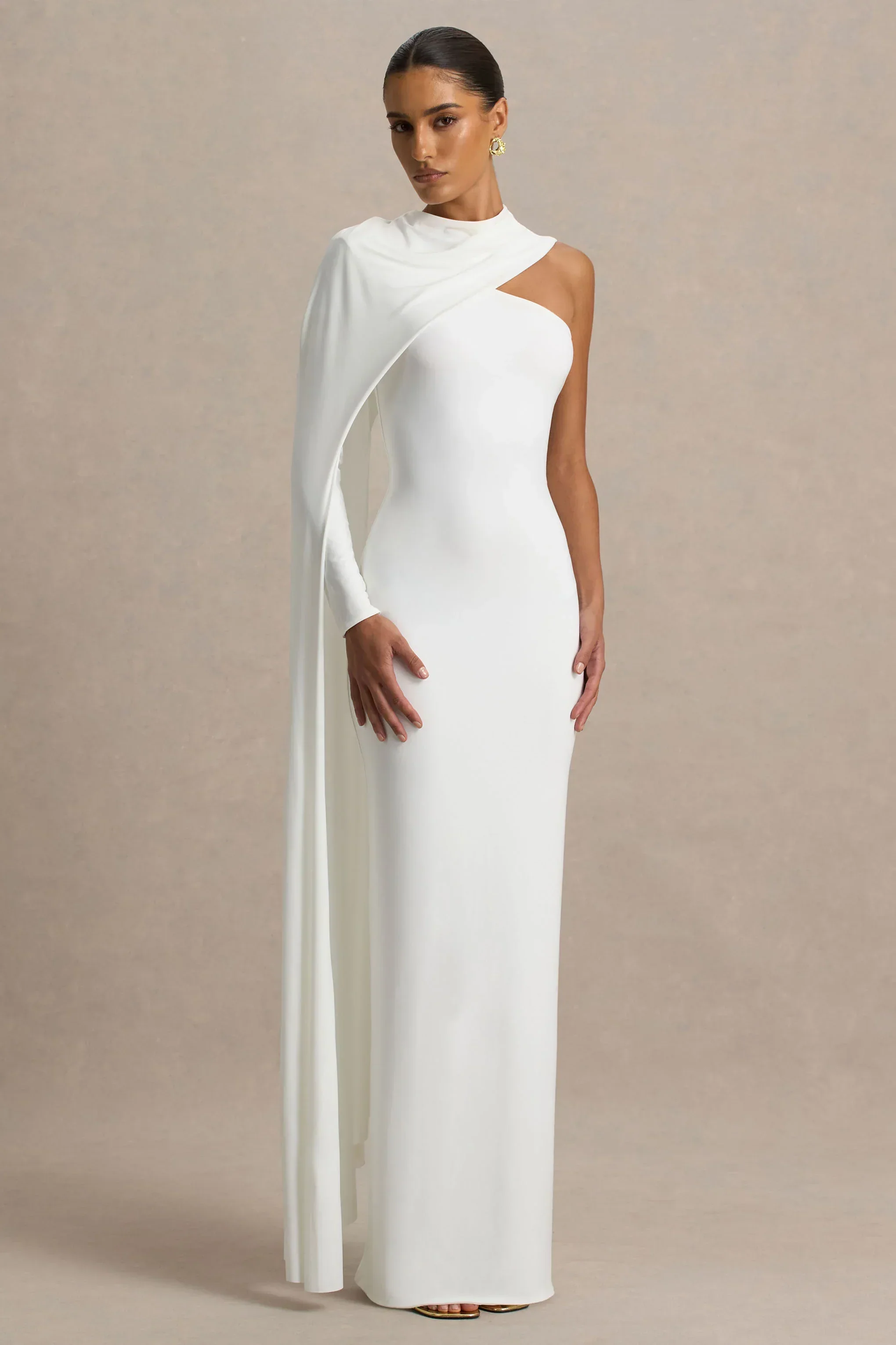 Dawn | Cream High-Neck Maxi Dress With One Long-Sleeve And Cape