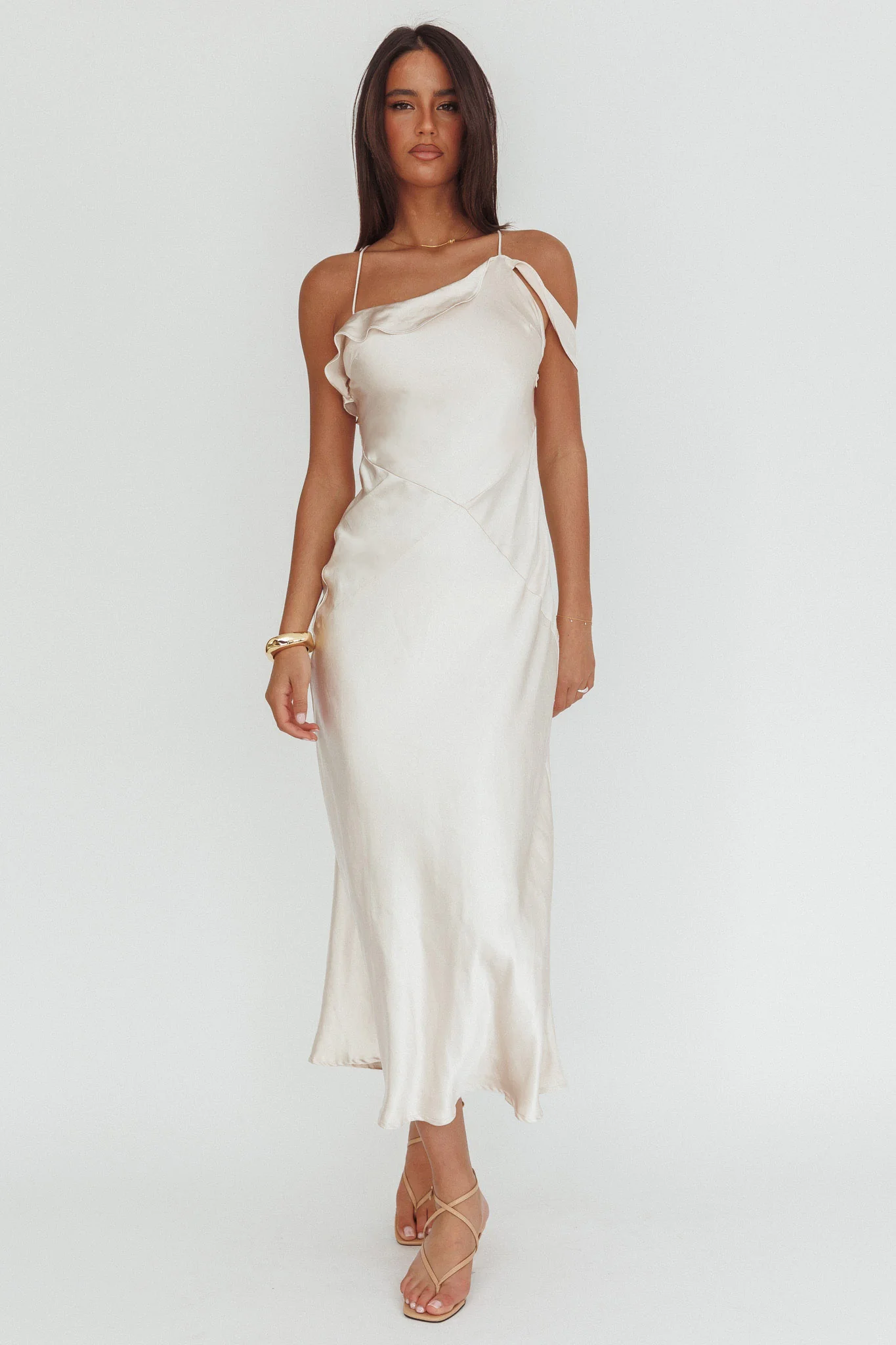 Lexington Draped Shoulder Criss-Cross Back Maxi Dress Oyster