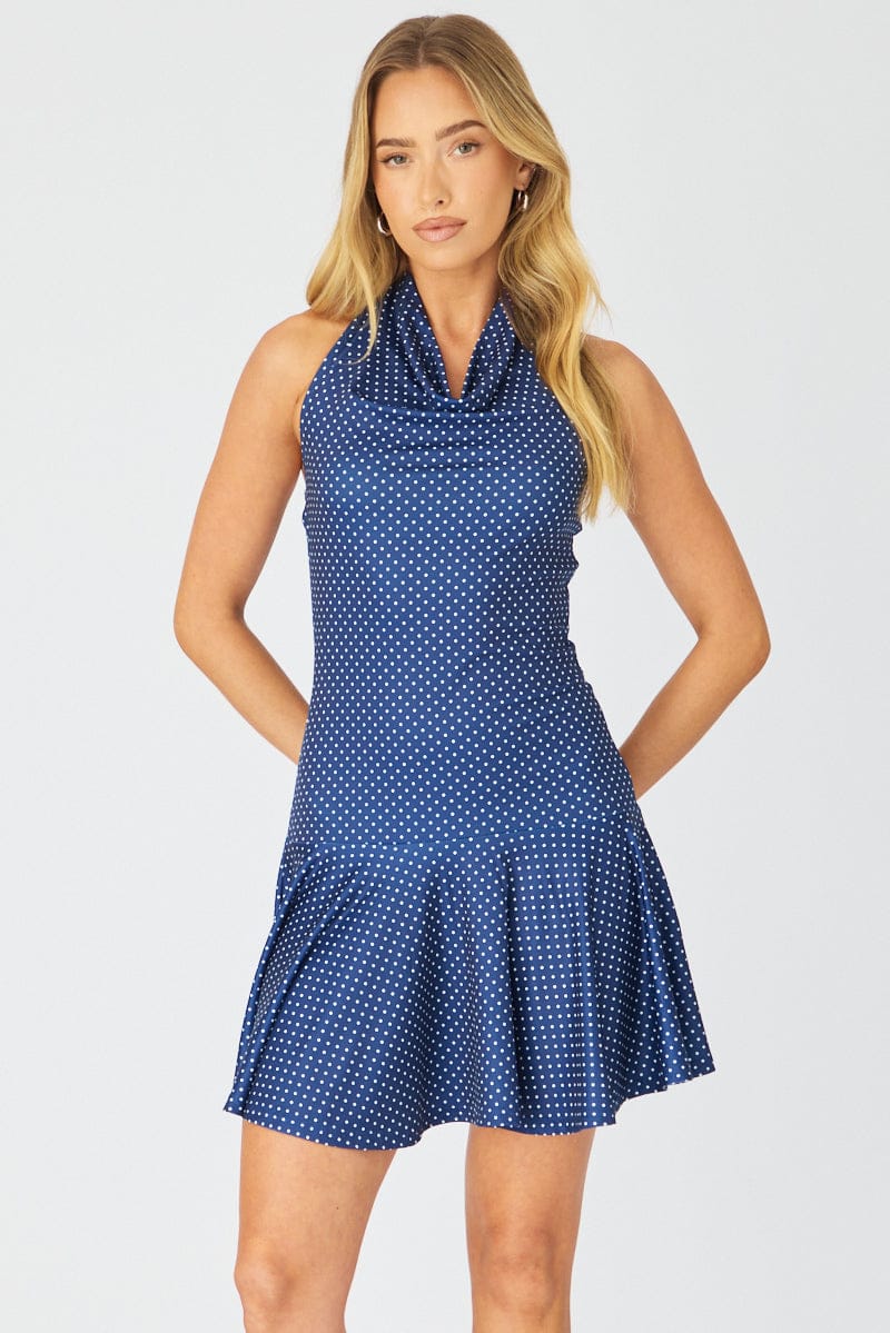 Blue Polka Dot Cowl Neck Mini Dress