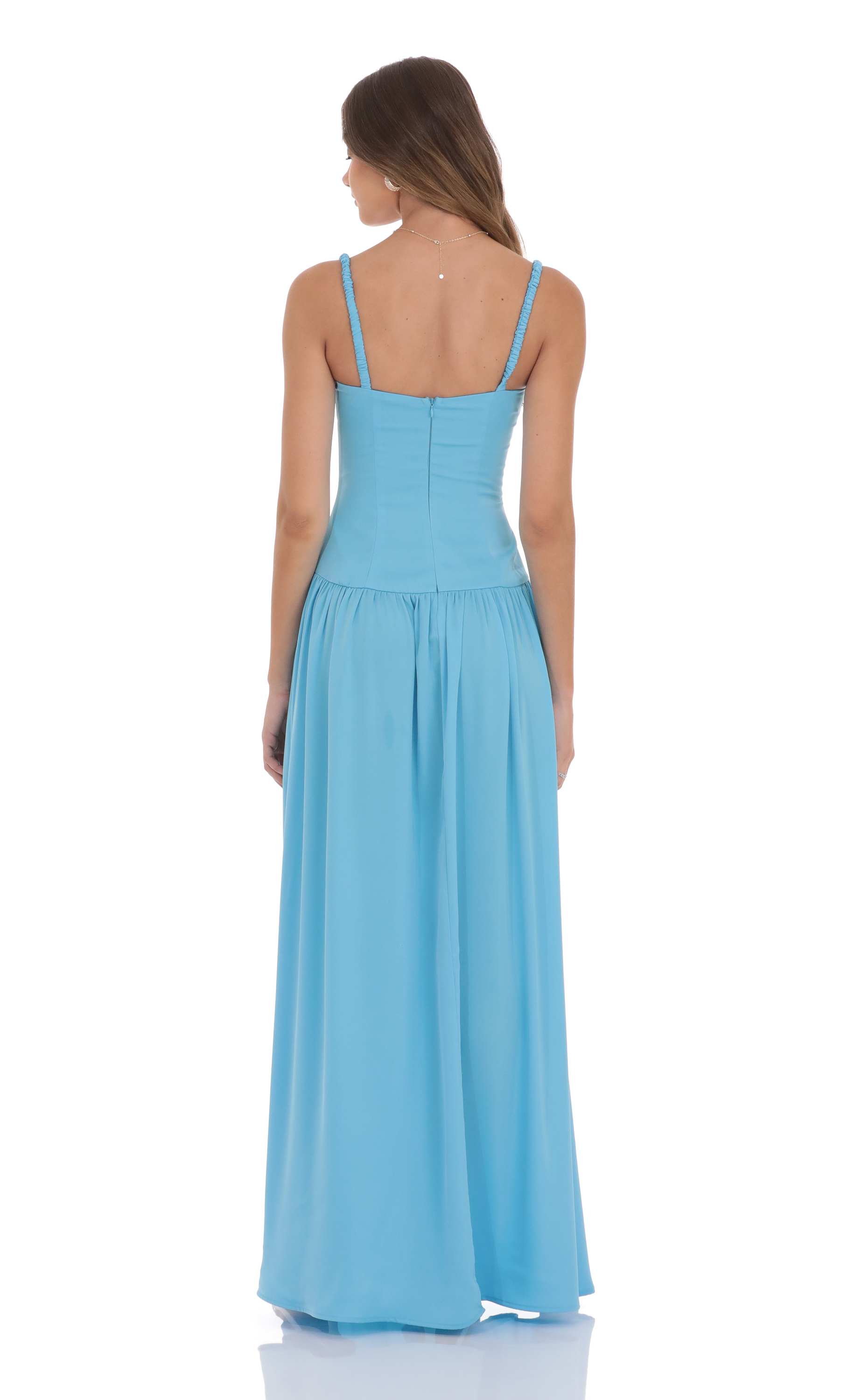 Satin Ruched Bust Maxi Dress in Aqua Blue - luluinthesky