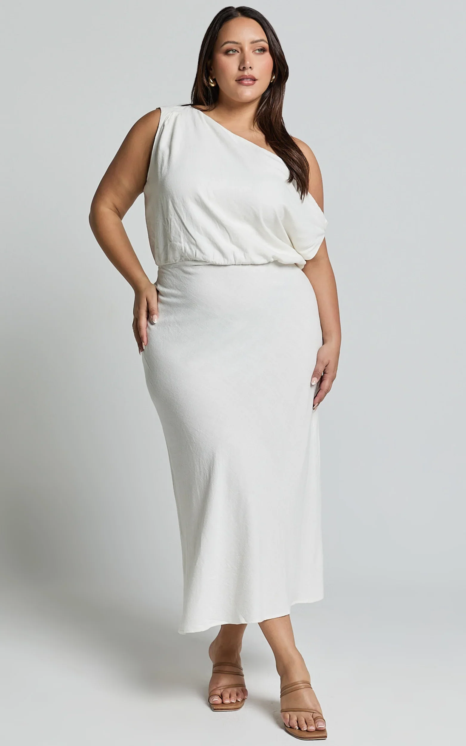 Jacqueline Midi Dress - Linen One Shoulder Dress in White