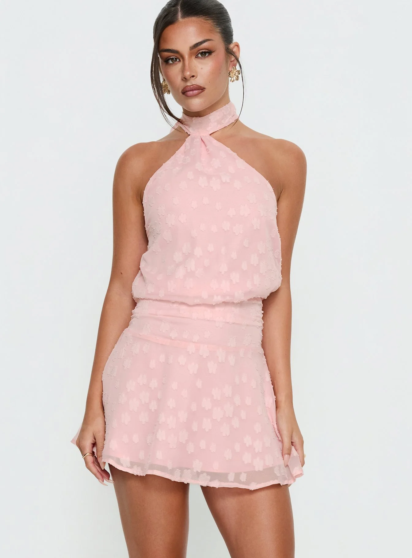 Eurythmic Scarf Halter Mini Dress Pink Jacquard