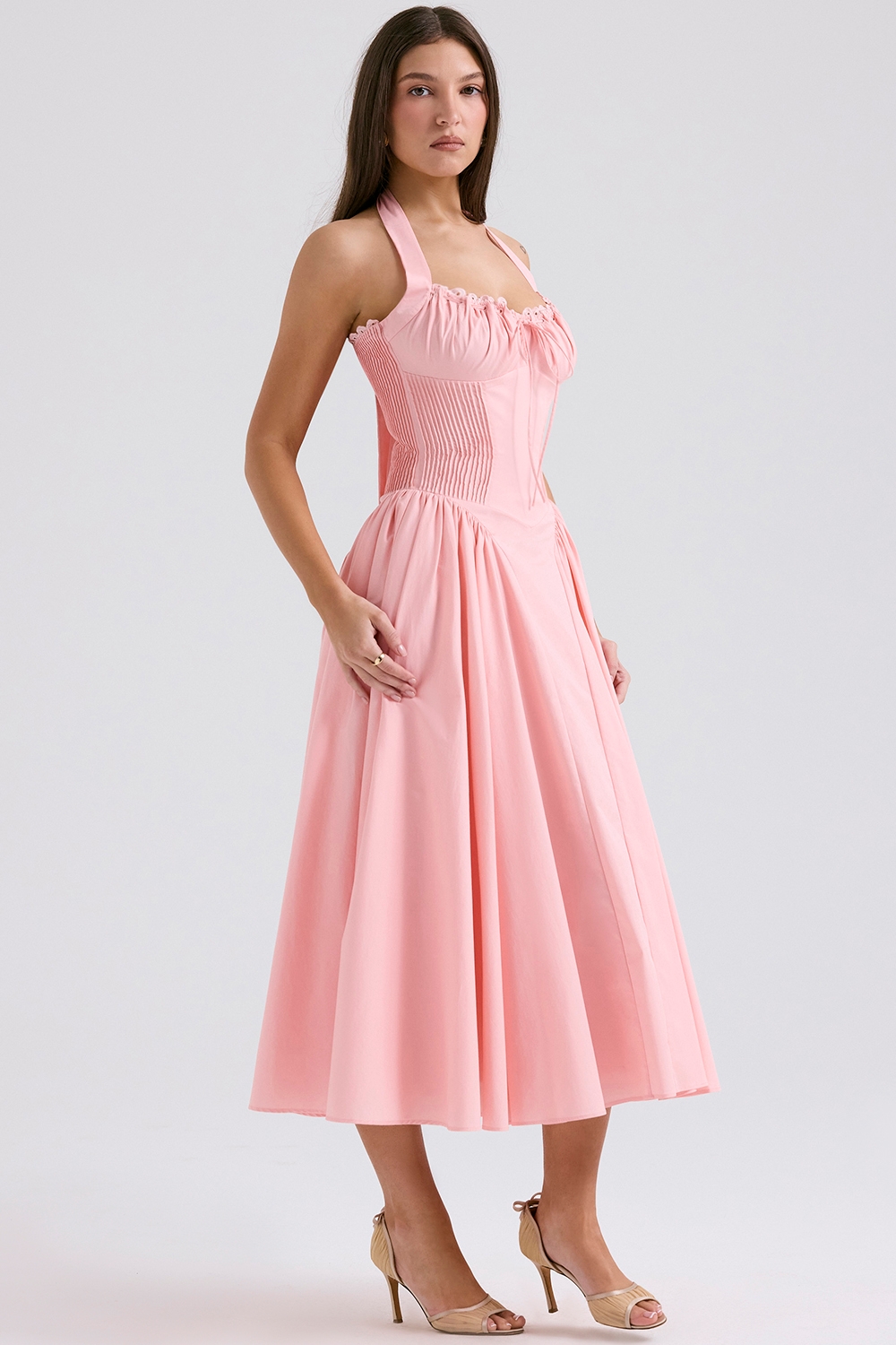 Rose Pink Cotton Halter Midi Sundress