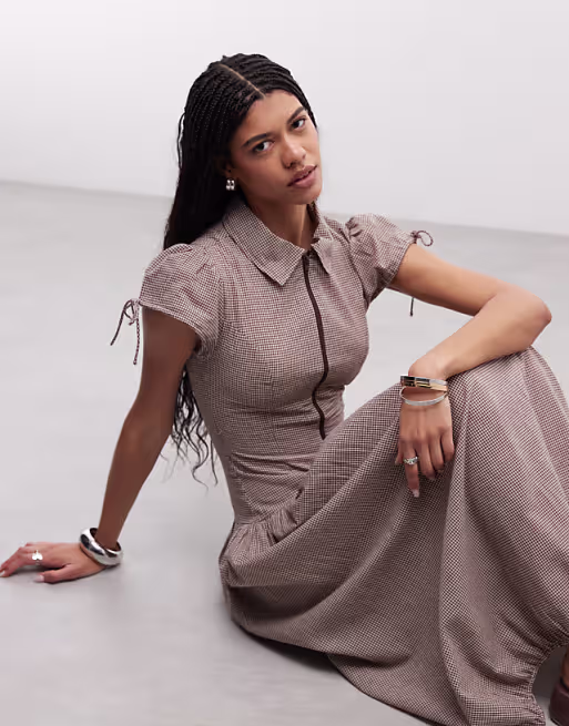 COLLUSION shirt dress midi dress in brown gingham
