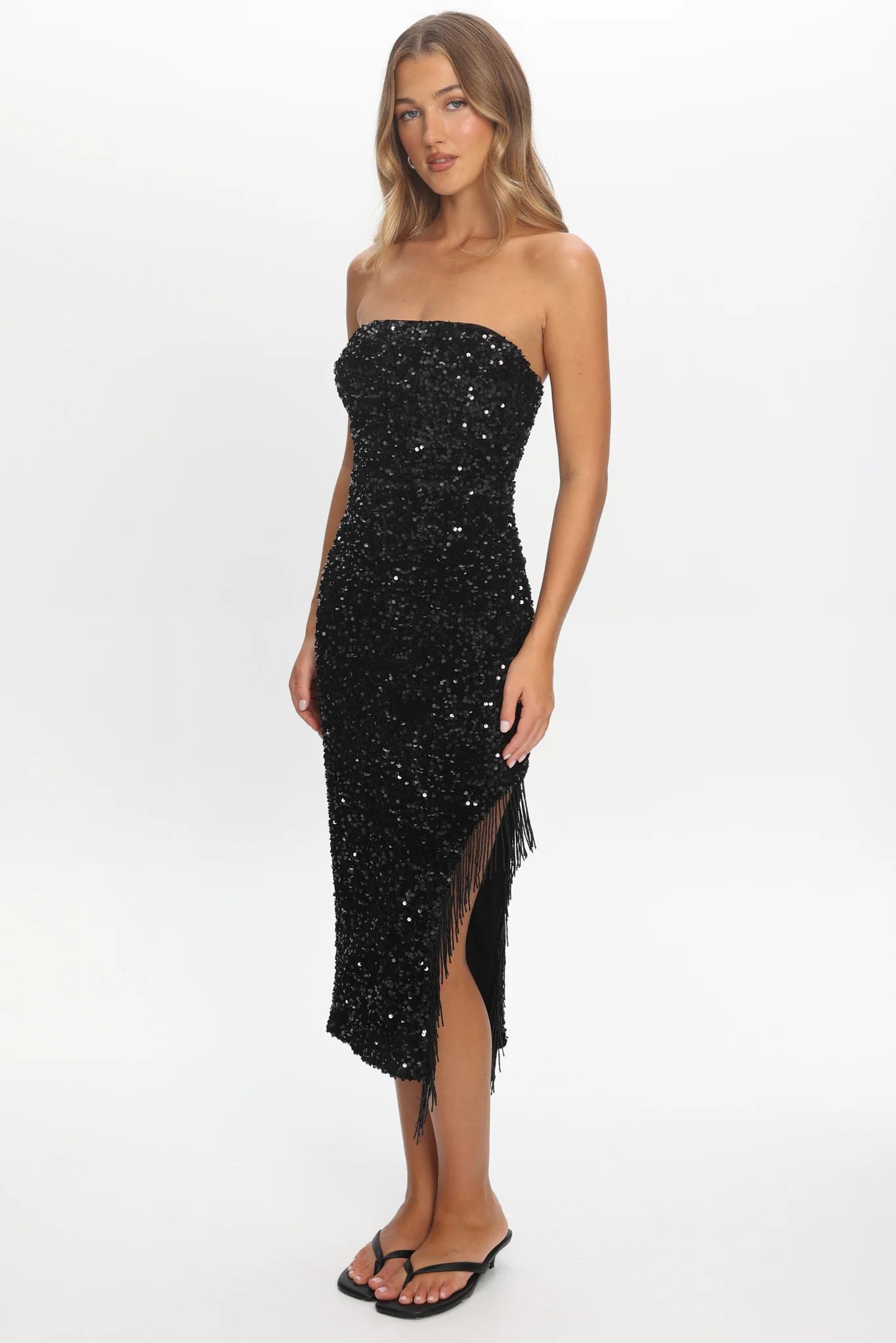 Events Tassel Trim Midi Dress Sequin Black - luluinthesky