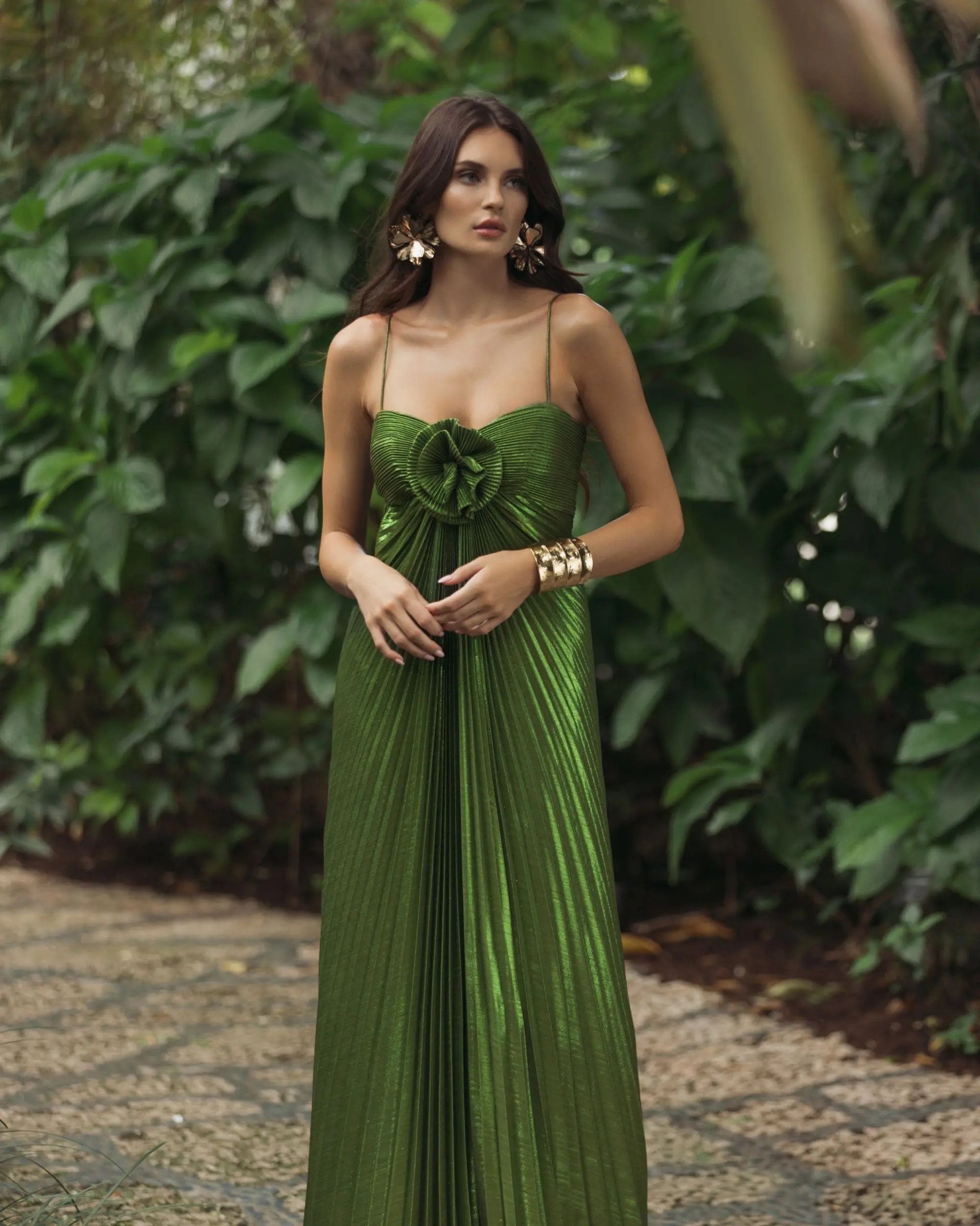 Green Metallic Pleated Gown With 3D Flower - FASHION NOB