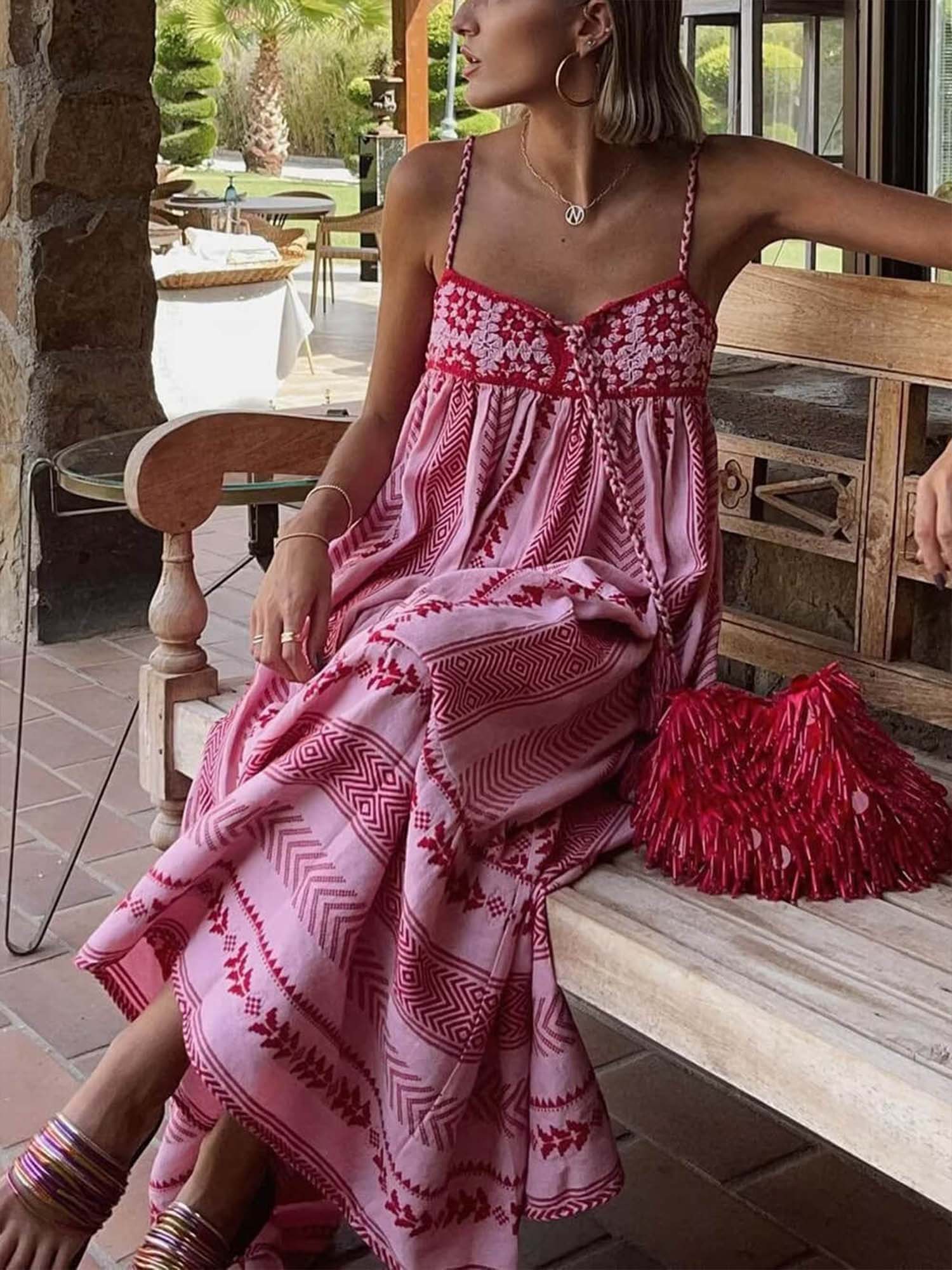 Pink Embroidered Midi Dress