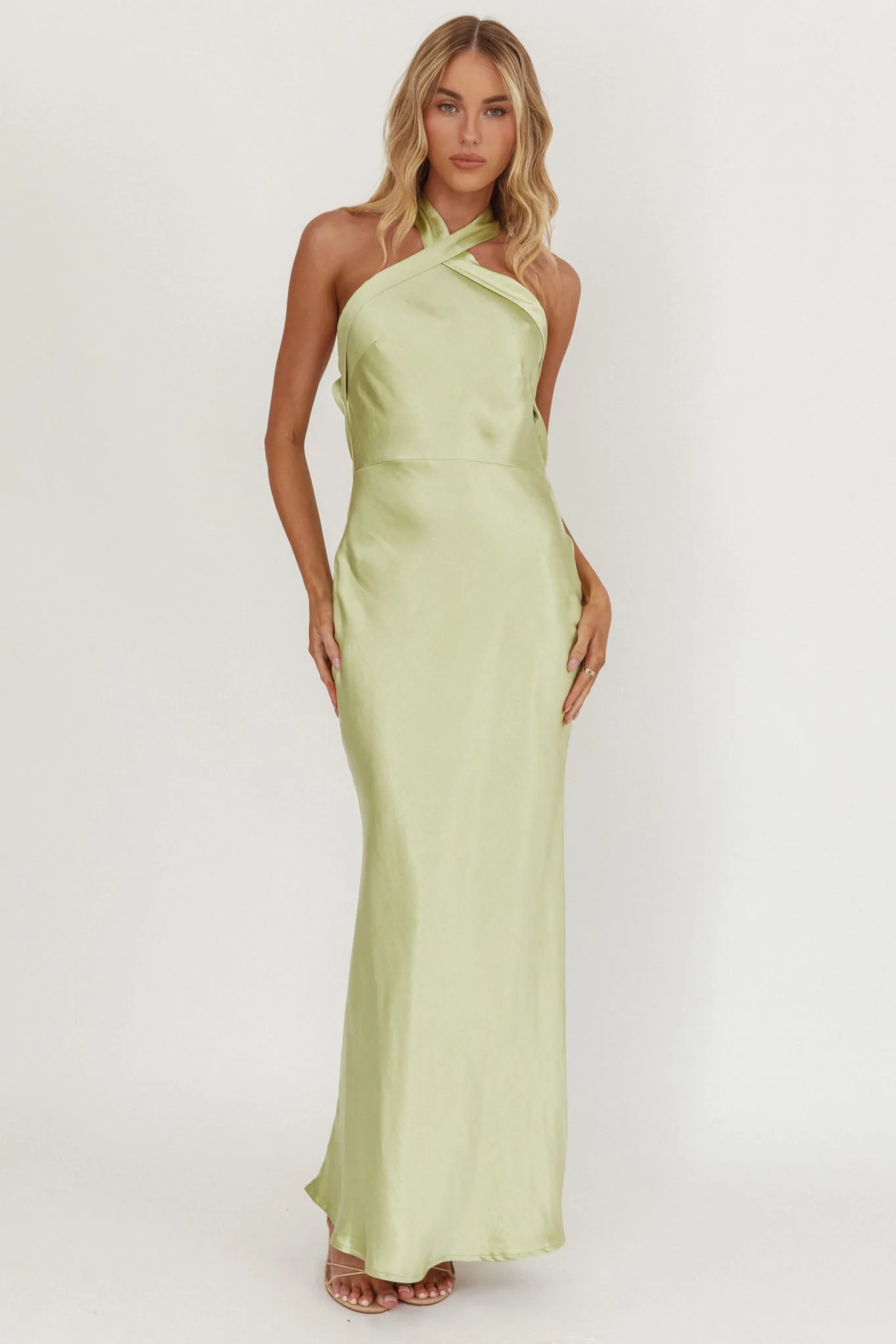 Italia Azure Crossover Halterneck Maxi Dress Pistachio - luluinthesky