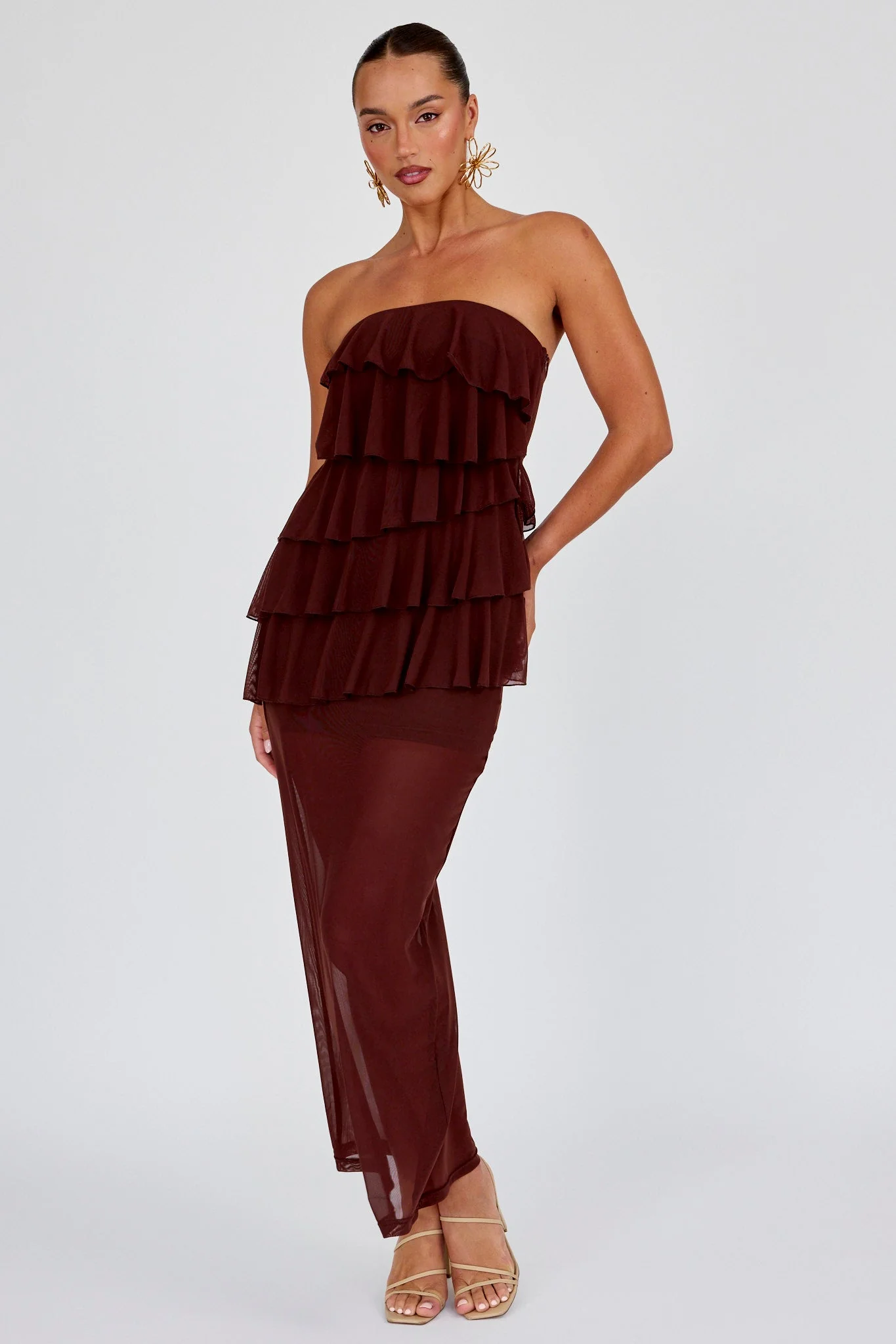 Crewe Strapless Ruffle Maxi Dress Chocolate - luluinthesky