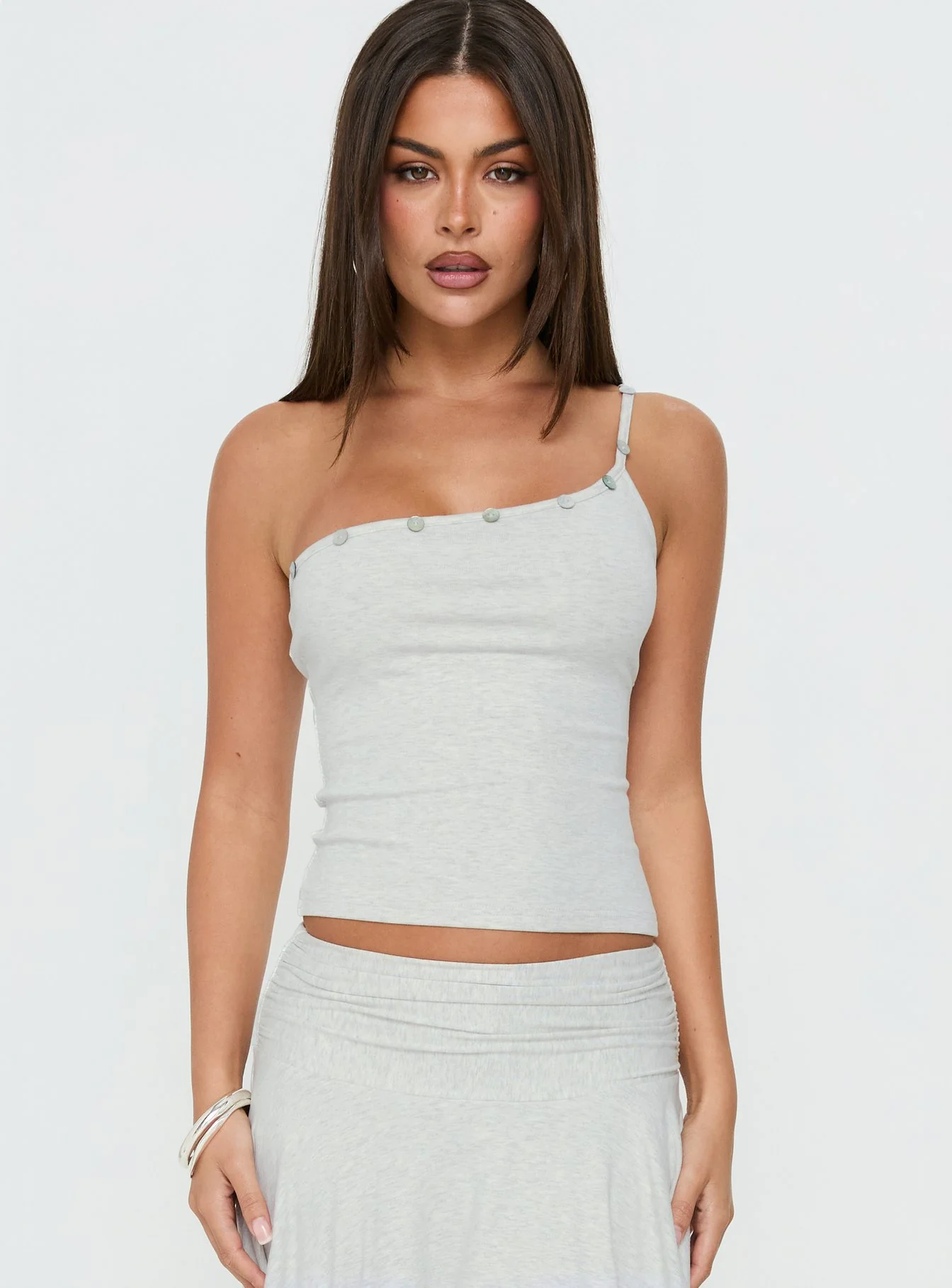 Mimmi One Shoulder Button Detail Top Grey