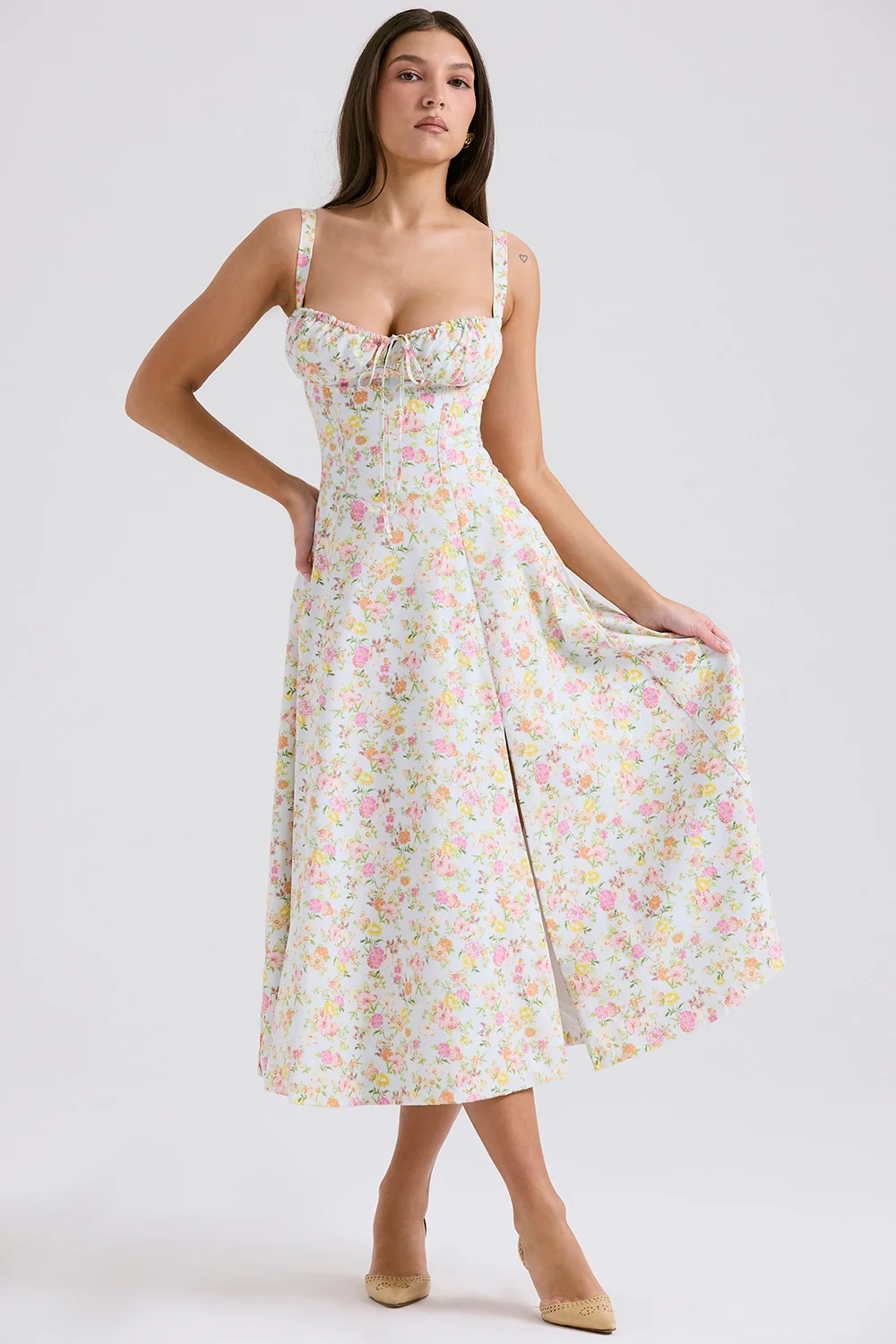 Pale Blue Meadow Print Cotton Bustier Sundress