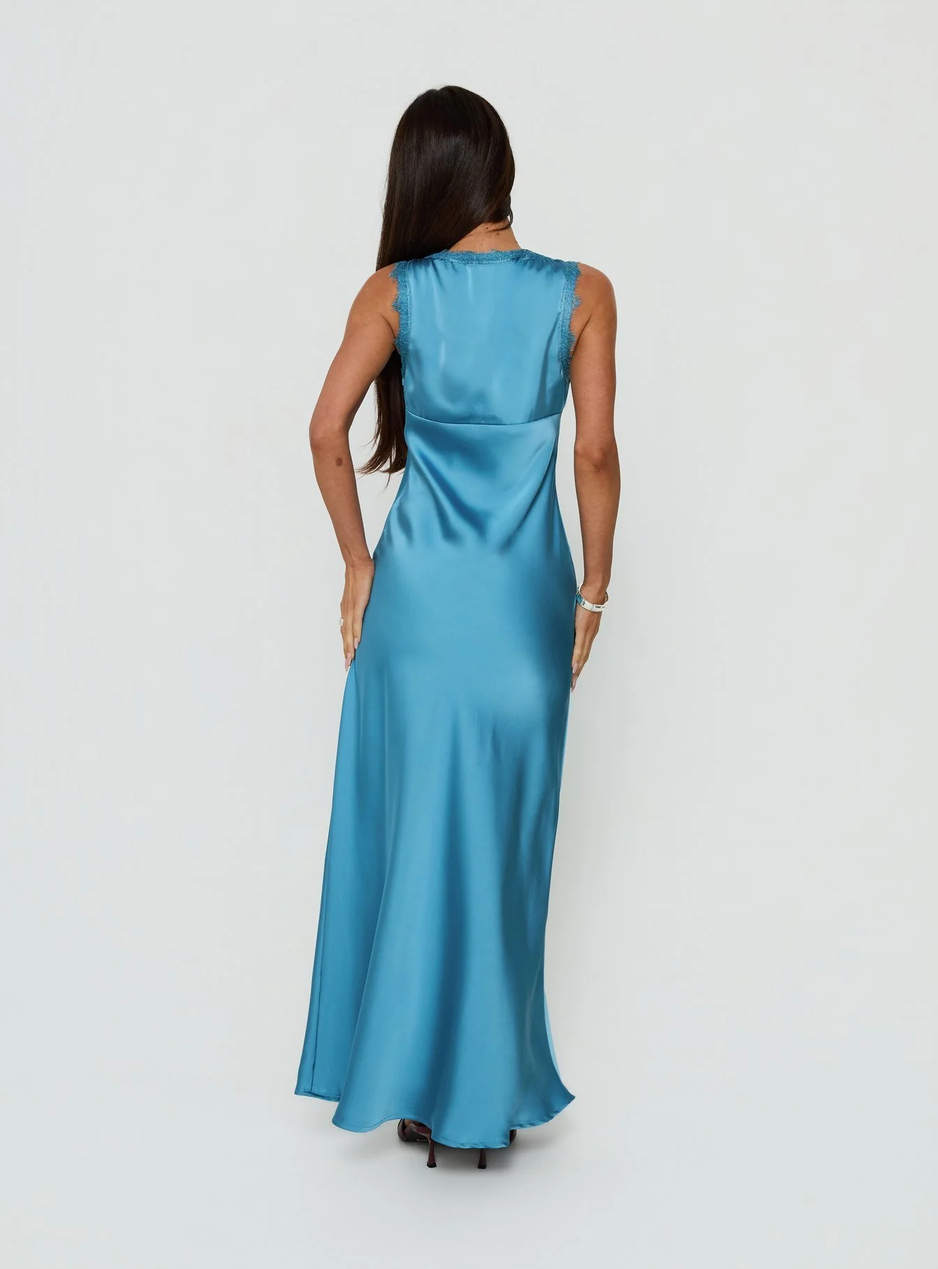 Damelia Tie Detail Lace Trim Maxi Dress Blue - luluinthesky