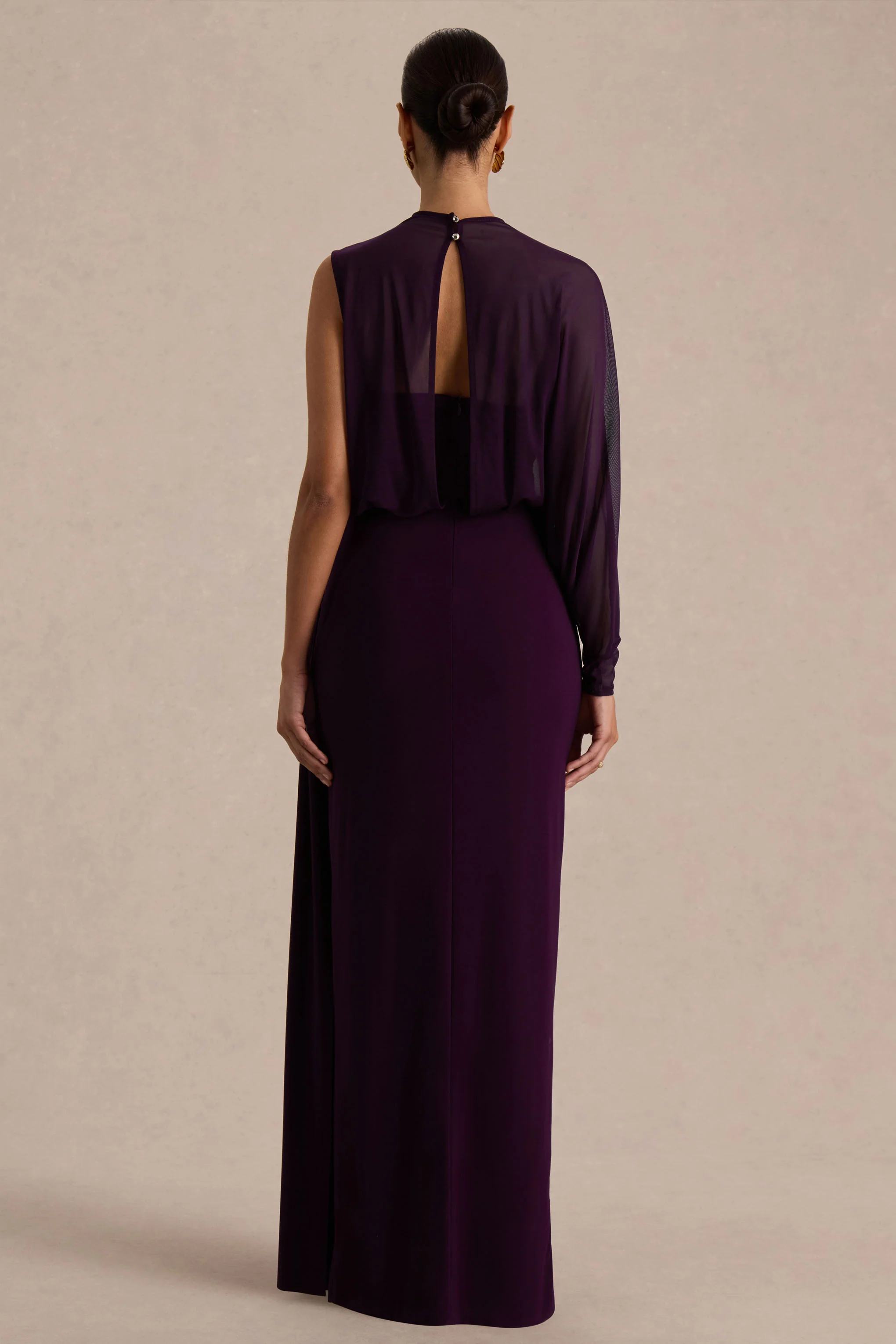 Aurelia | Dark Plum High-Neck Wrapped Maxi Dress With One-Cape Sleeve