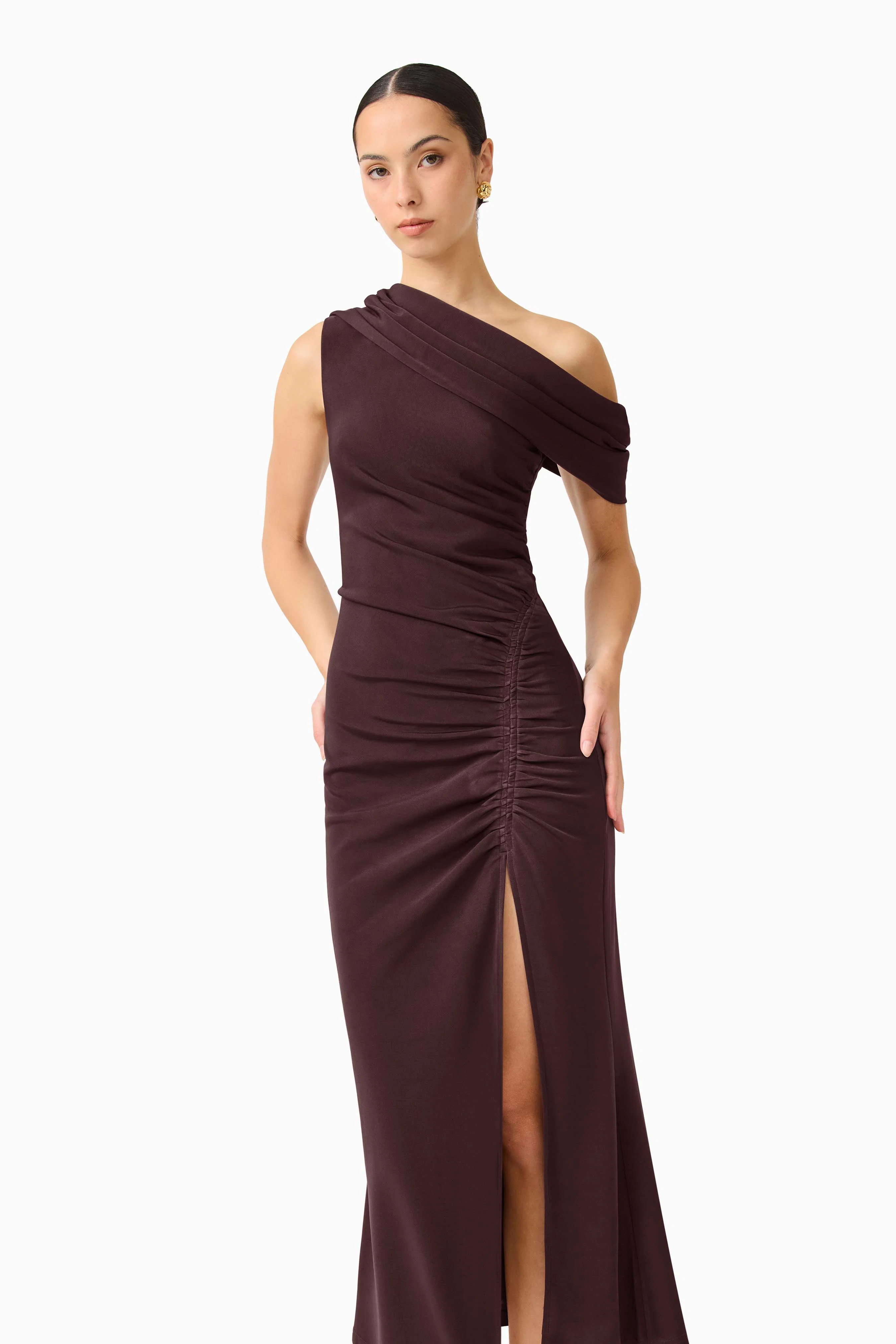 Simone One Shoulder Maxi Dress in Chocolate Brown