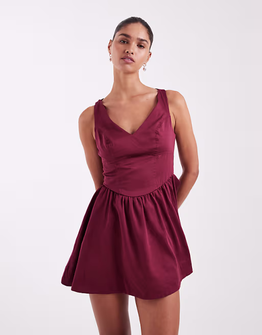 waisted v-neck mini sundress with seaming details in washed burgundy