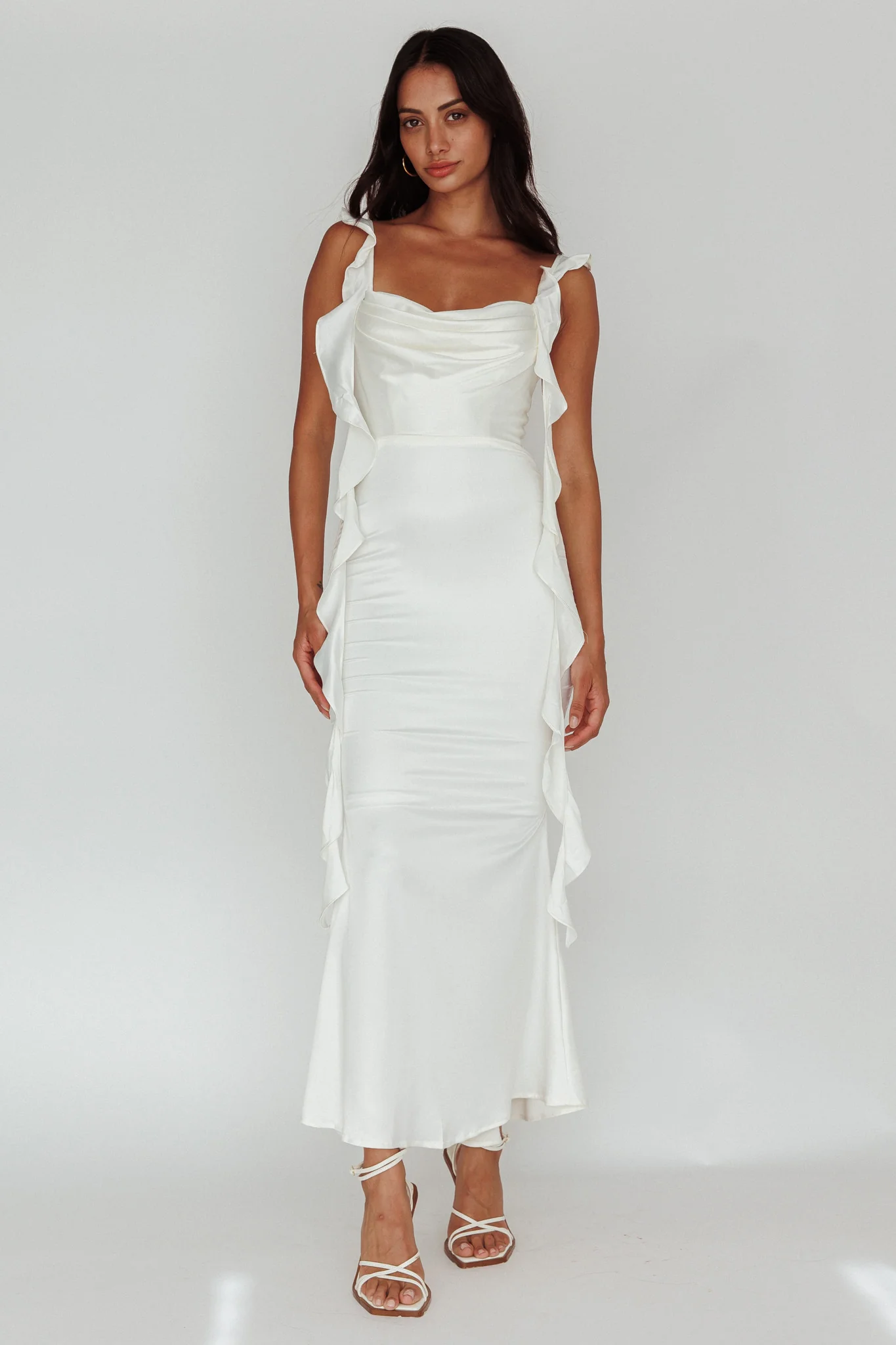 Blushing Ruffle Trim Midi Dress Oyster