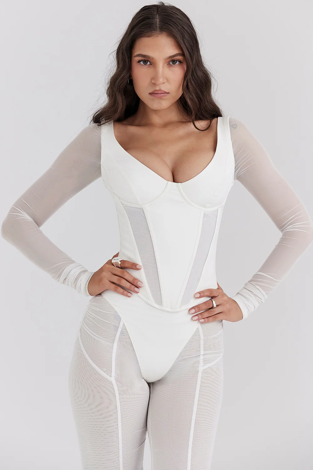 White Long Sleeve Mesh Corset