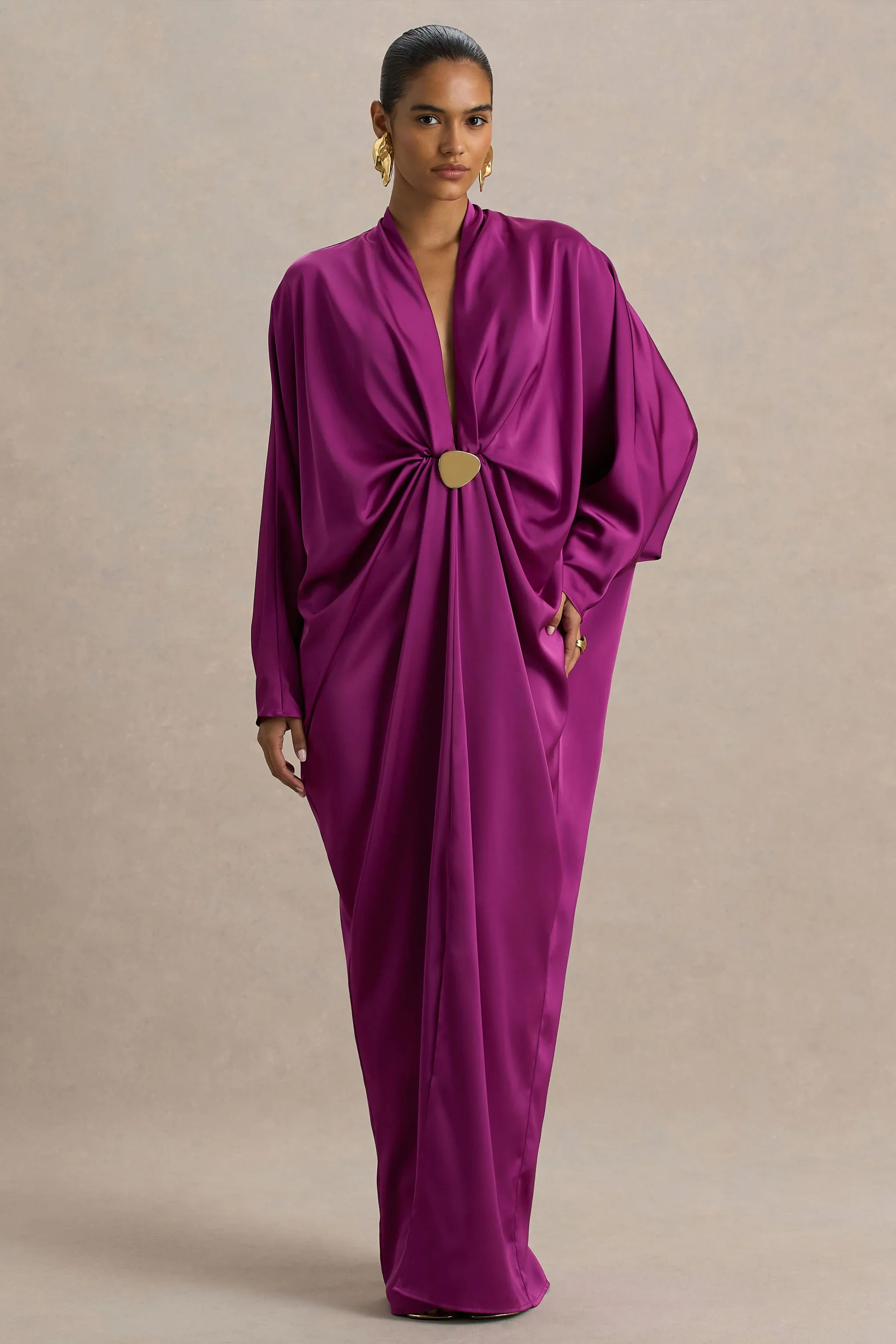 Tina | Pink Satin Plunge-Neck Embellished Maxi Dress