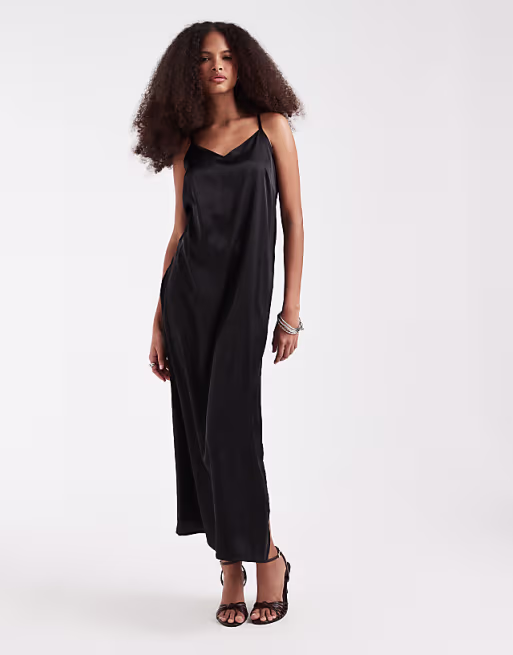 Pieces satin cami maxi dress in black