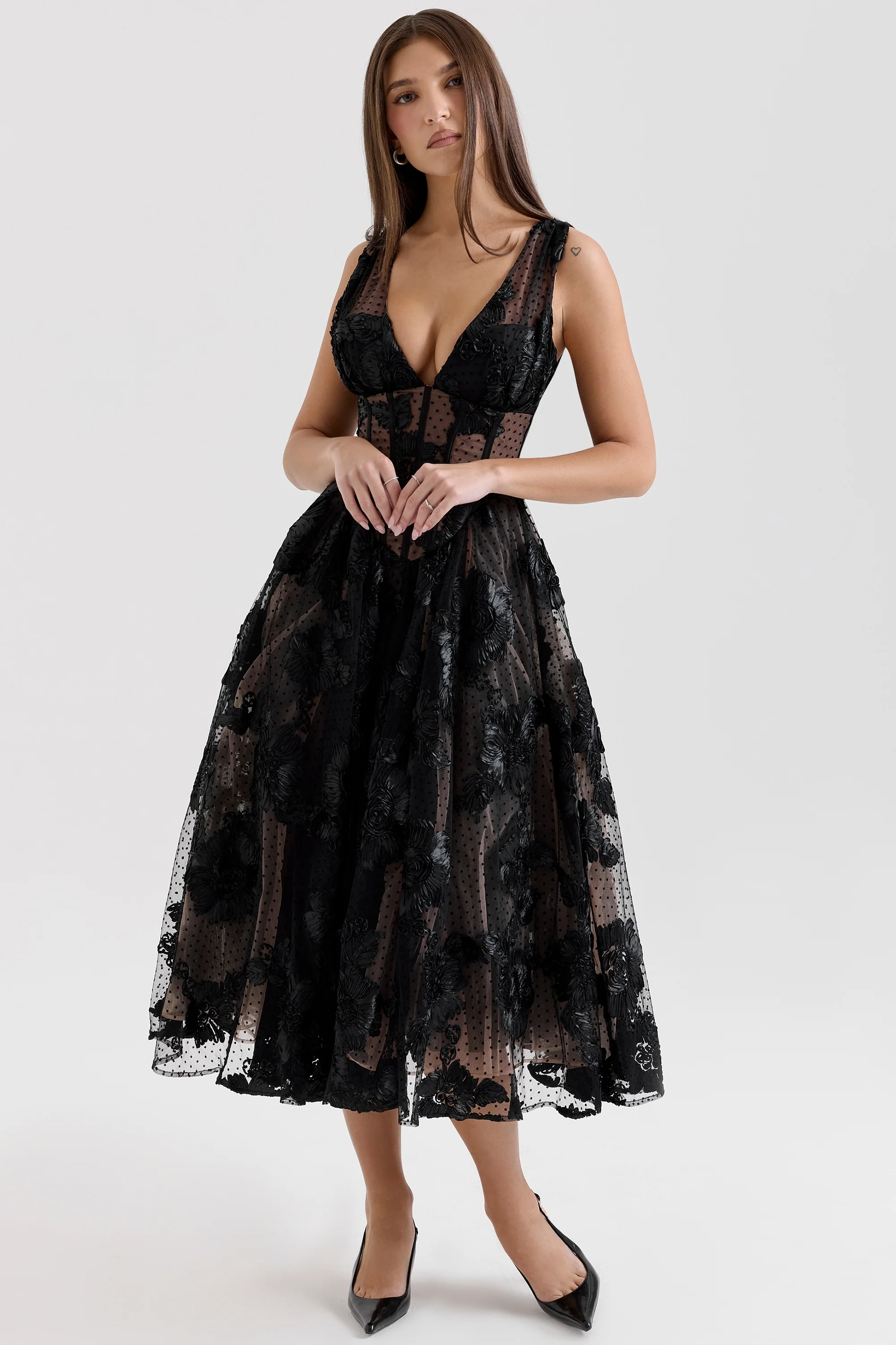 Black Embroidered Tulle Corset Midi Dress