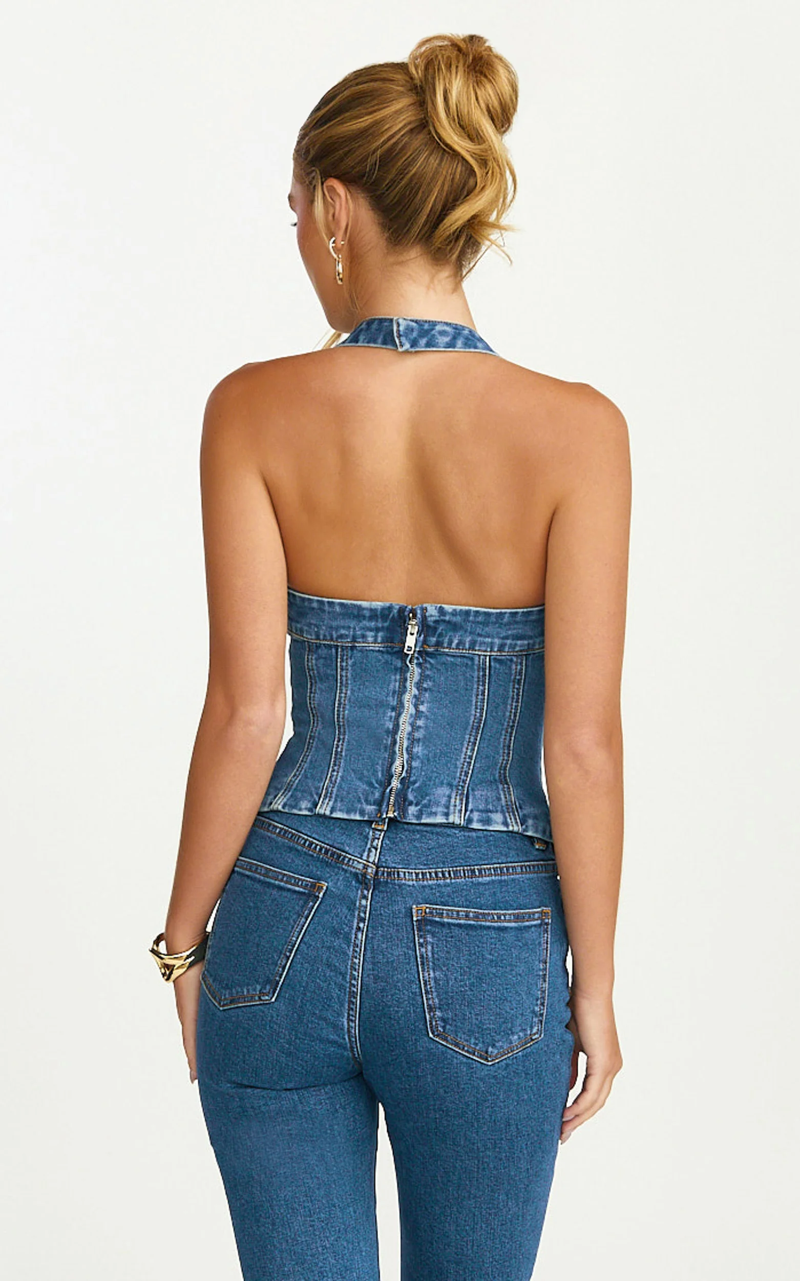 Chaney Top - Panelled Denim Halter Neck Top in Mid Blue Wash