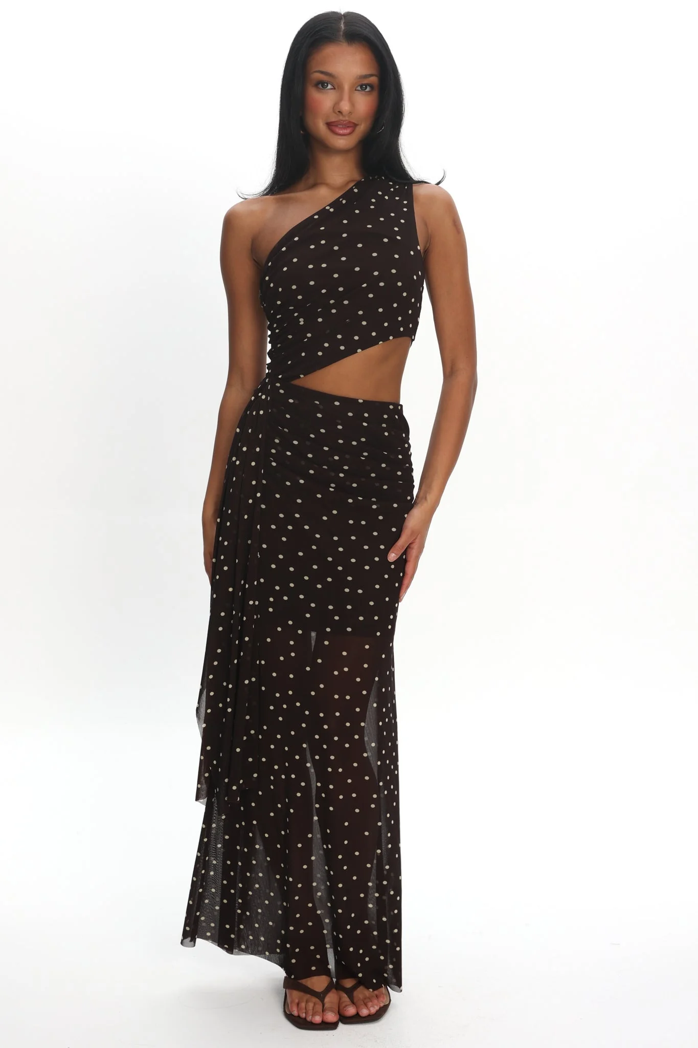 Viela One-Shoulder Cut-Out Maxi Dress Polka Dot Brown
