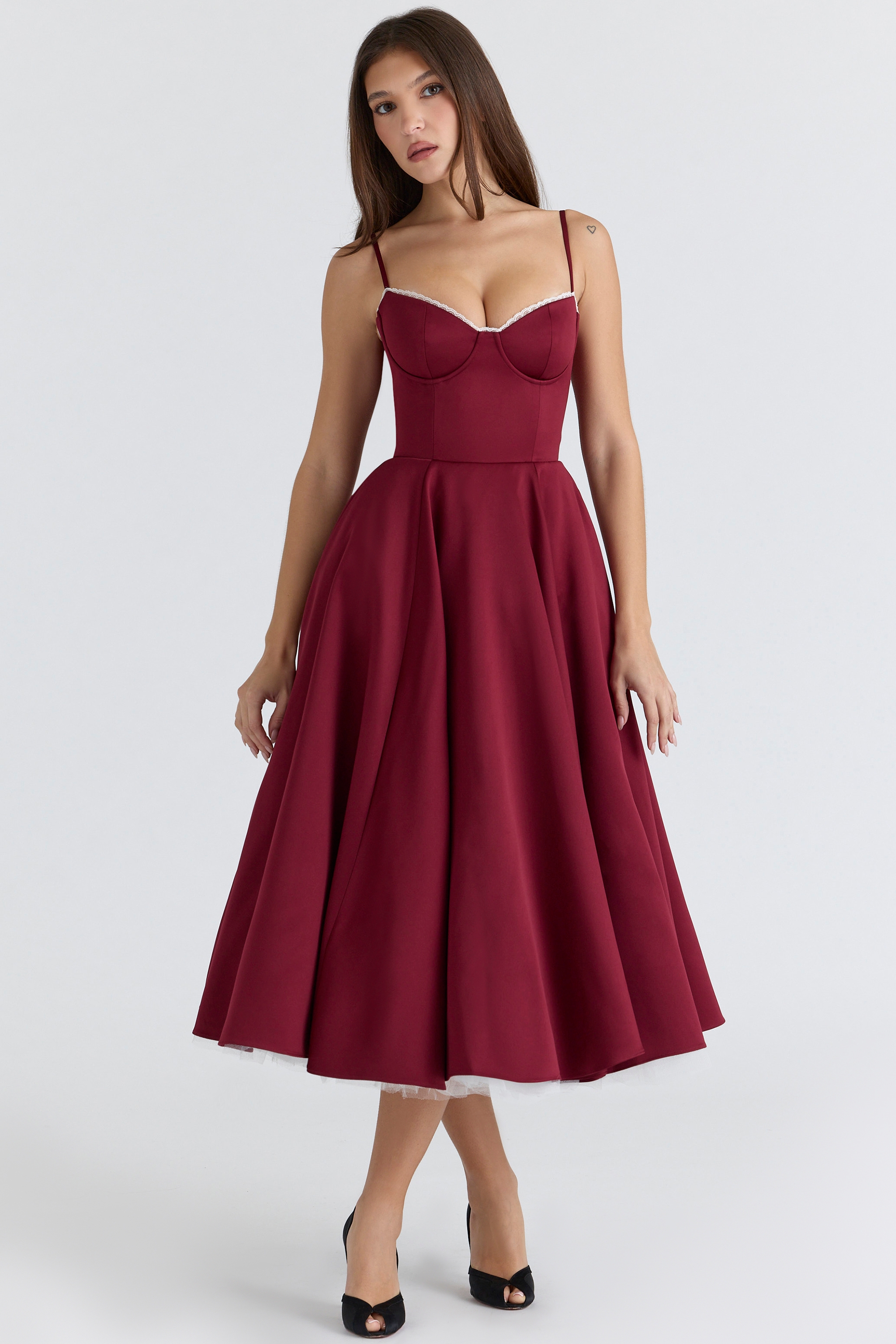 wine satin tulle midi dress