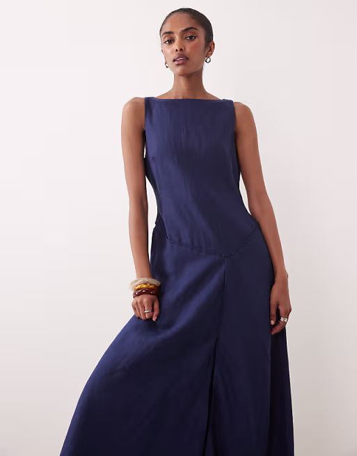 premium 100% linen slash neck midi dress with asymmetric dropped waist and hanky hem in navy