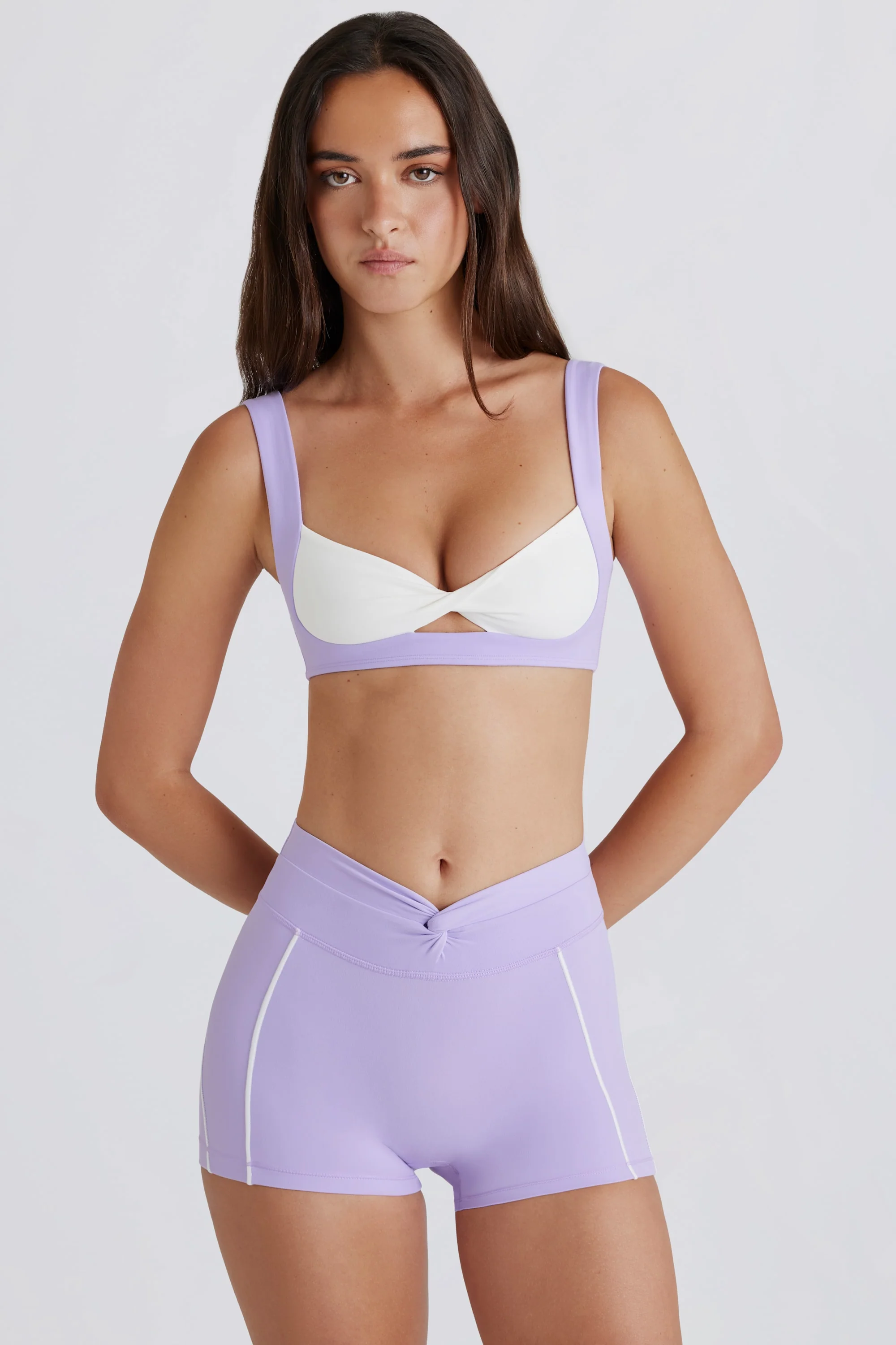 Soft Active Twist-Front Mini Shorts in Lilac