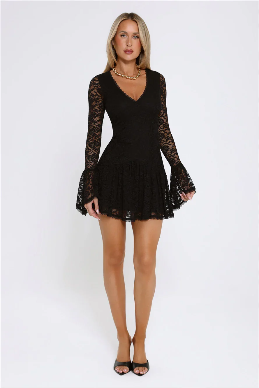Gilded Lace Nights Long Sleeve Mini Dress Black