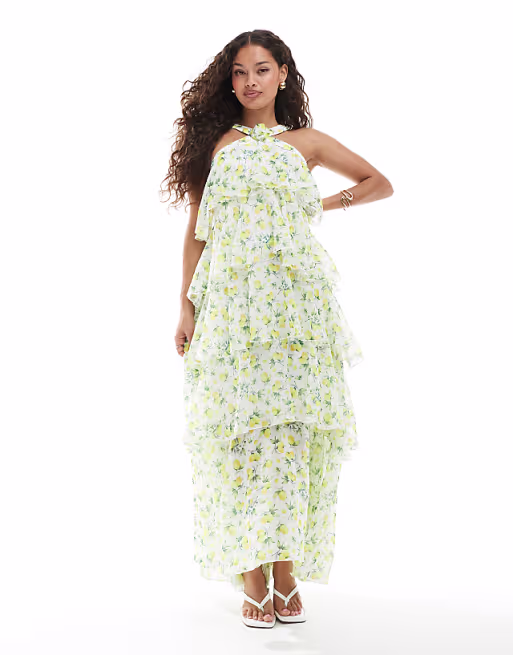 Vero Moda Petite Felicia halter neck tiered maxi dress with corsage detail in lemon print