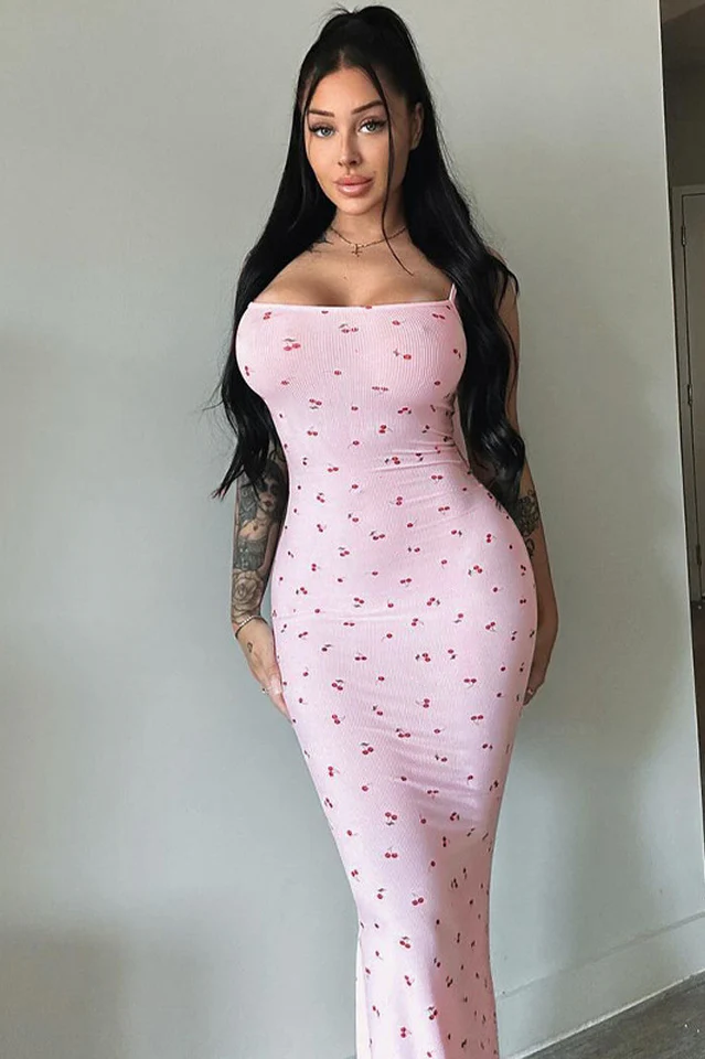 Cherry Print Spaghetti Strap Mermaid Dress