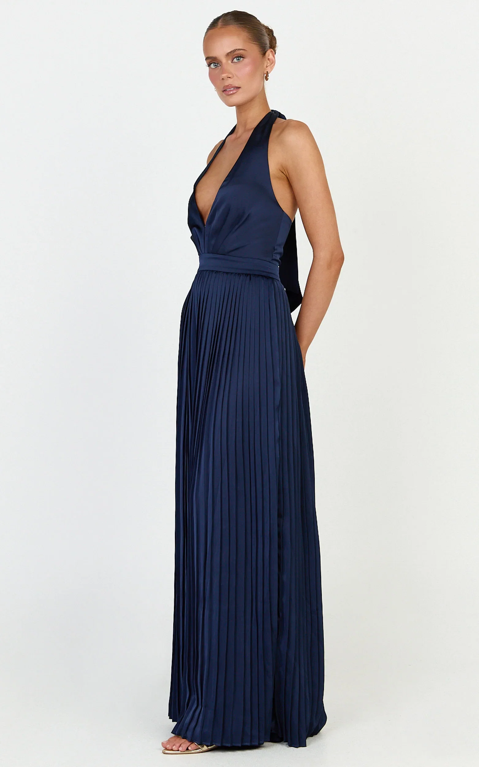 Kayla Maxi Dress - Plunge Neckline Pleated Halter Dress in Navy