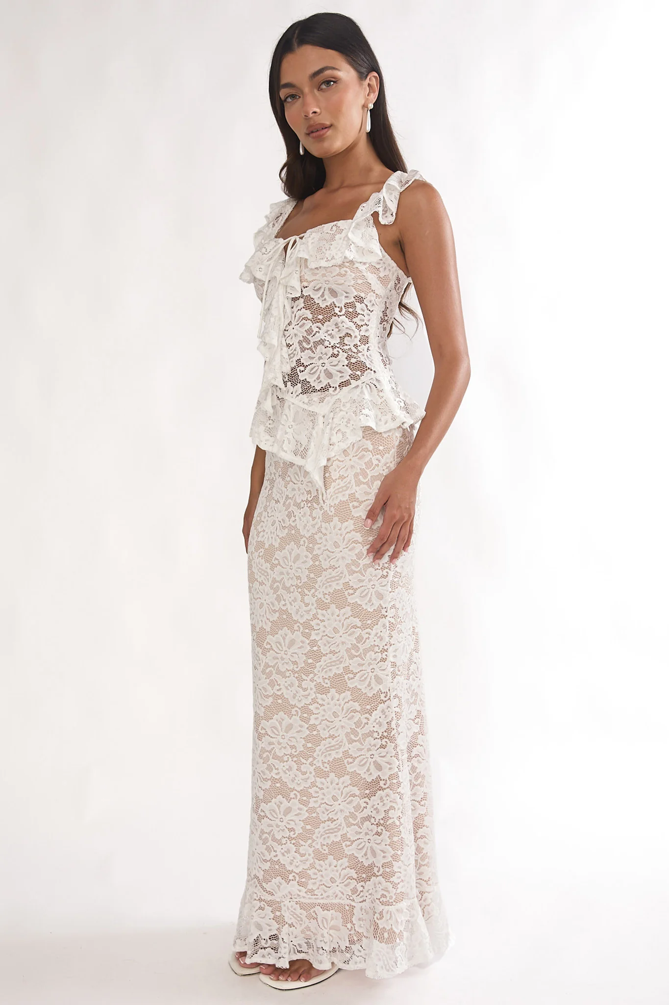 Kelina Ruffle Hem Lace Maxi Skirt White