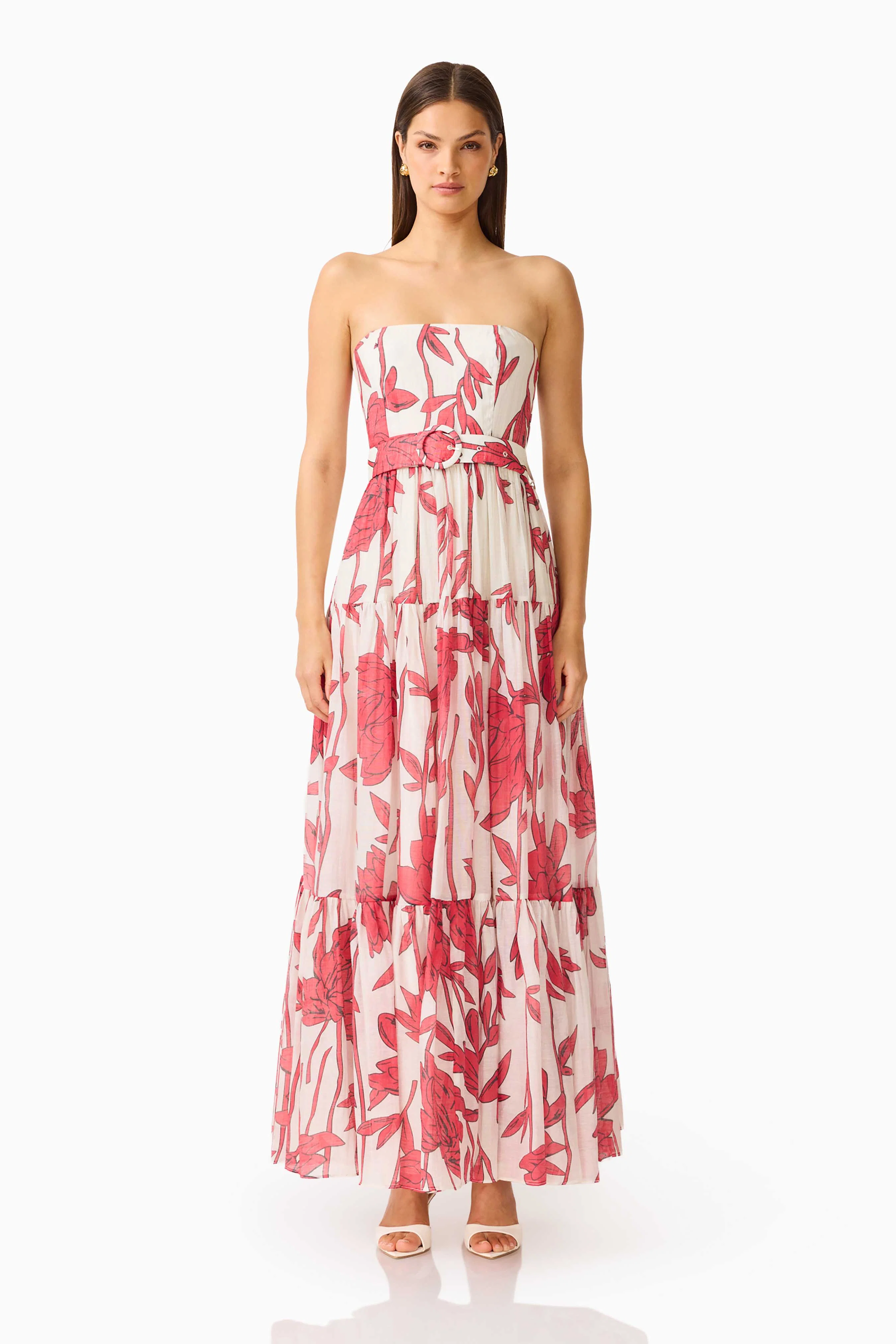 CURAAE Viva Belted Maxi Dress in White and Red