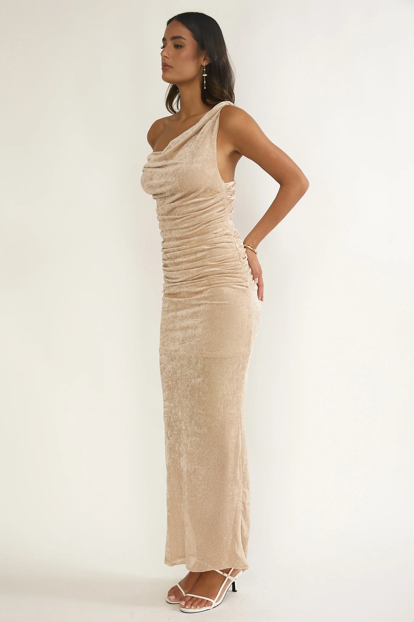 Callen Cowl Ruched Maxi Dress Champagne Silver - luluinthesky