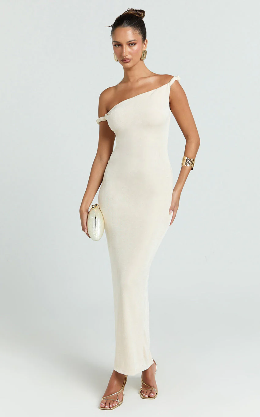 Isabel Midi Dress - Twist Off Shoulder Bodycon Dress in Cream - luluinthesky