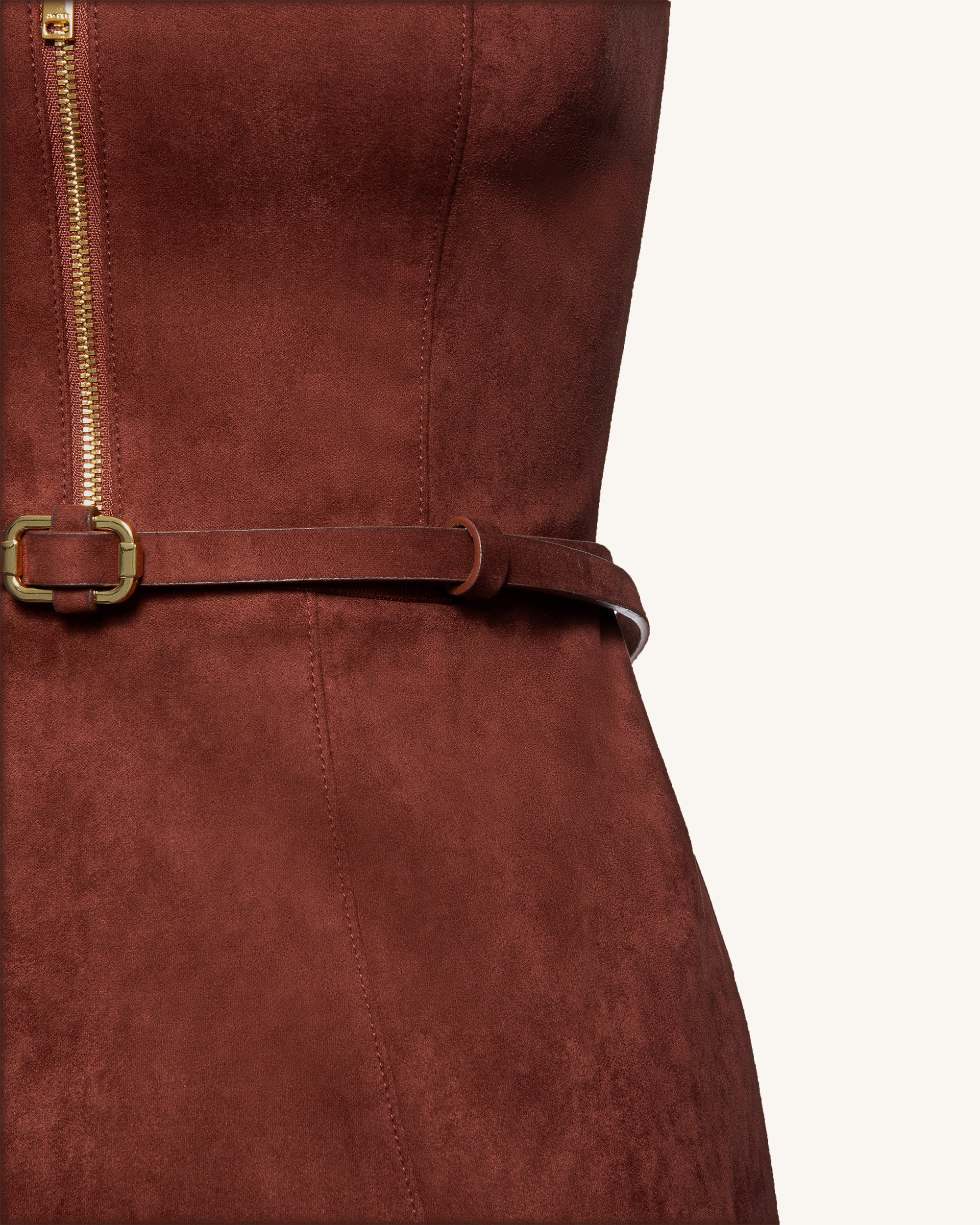 Faux Suede Halter Neck Zip-Front Mini Dress - Burgundy - FASHION NOB