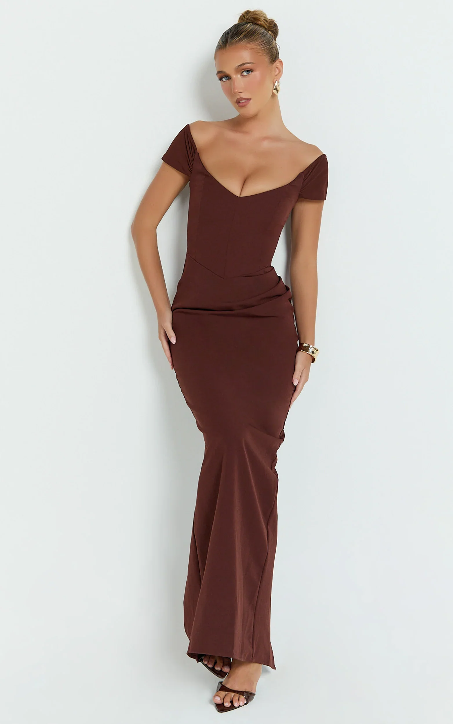 Veronika Maxi Dress - Off Shoulder Plunge High Split Dress in Chocolate