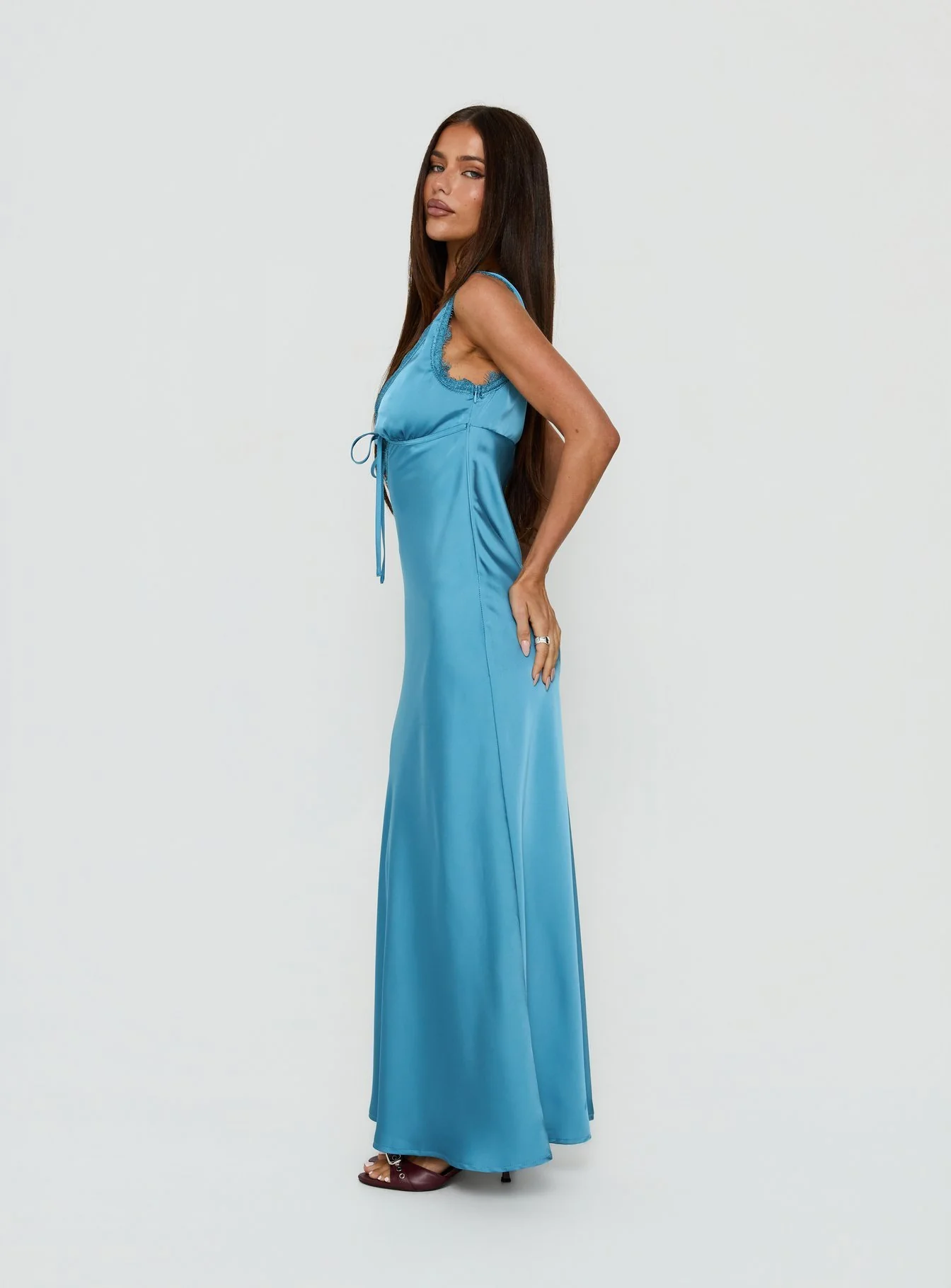 Damelia Tie Detail Lace Trim Maxi Dress Blue - luluinthesky