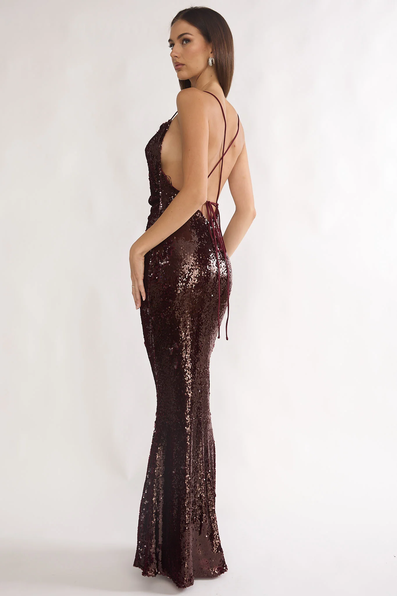 She's The Star Open Tied Back Maxi Dress Sequin Wine - luluinthesky