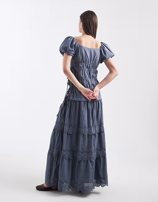Daisy Street eyelet shirred maxi dress with puff sleeves in blue gray
