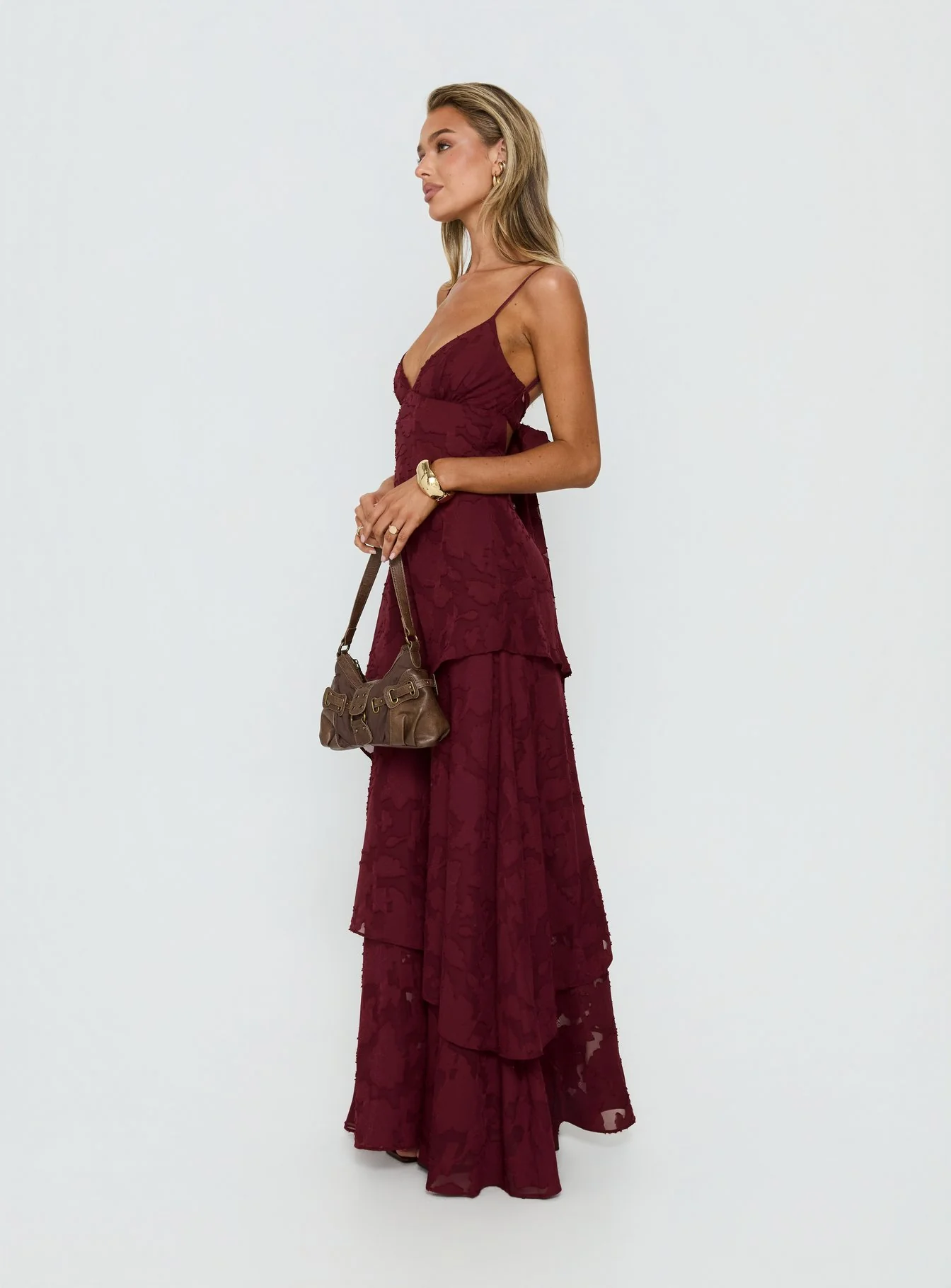 Lyricah Tiered Tie Back Maxi Dress Burgundy - luluinthesky