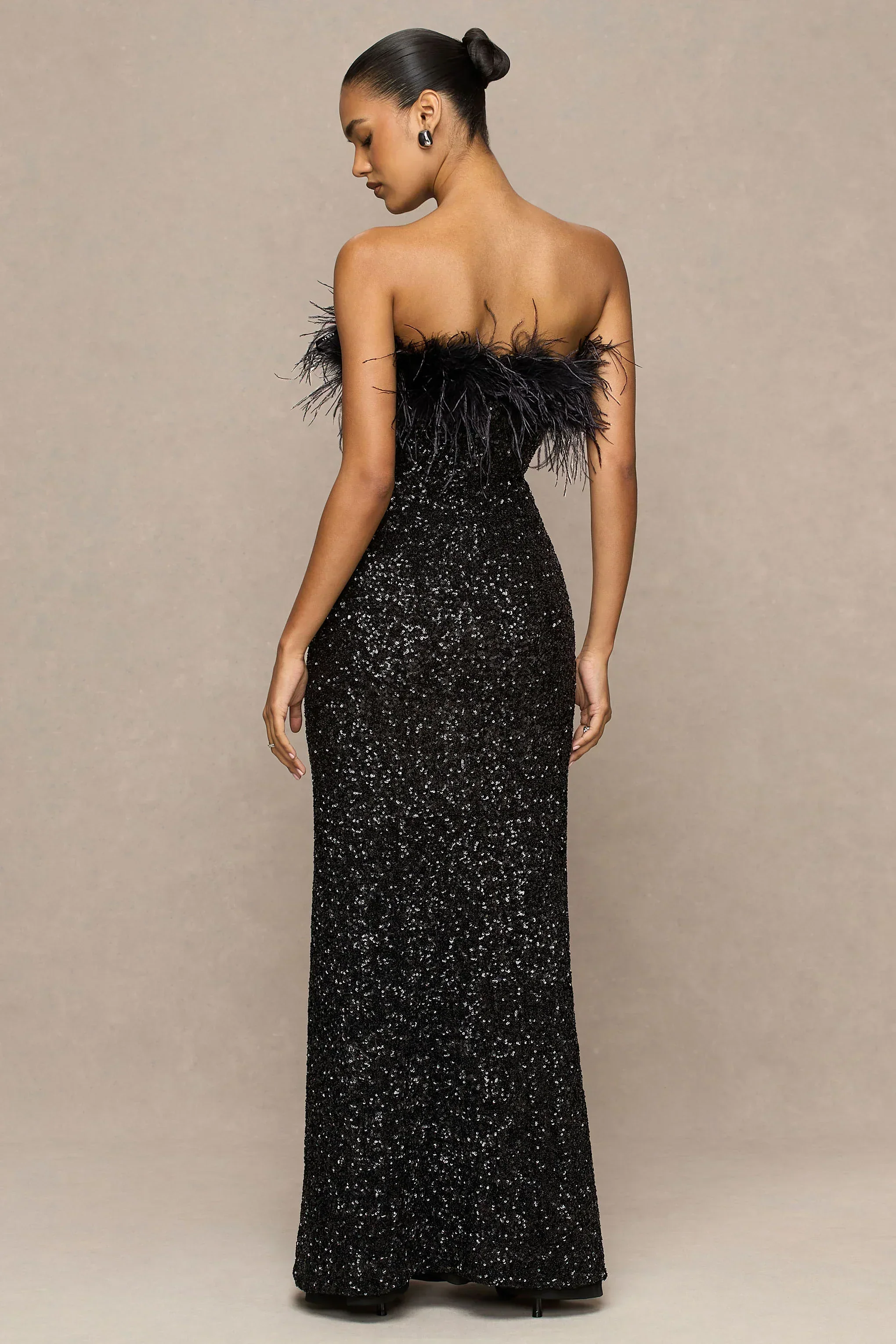 Daze | Black Sequin Bandeau Maxi Dress With Feather-Trim